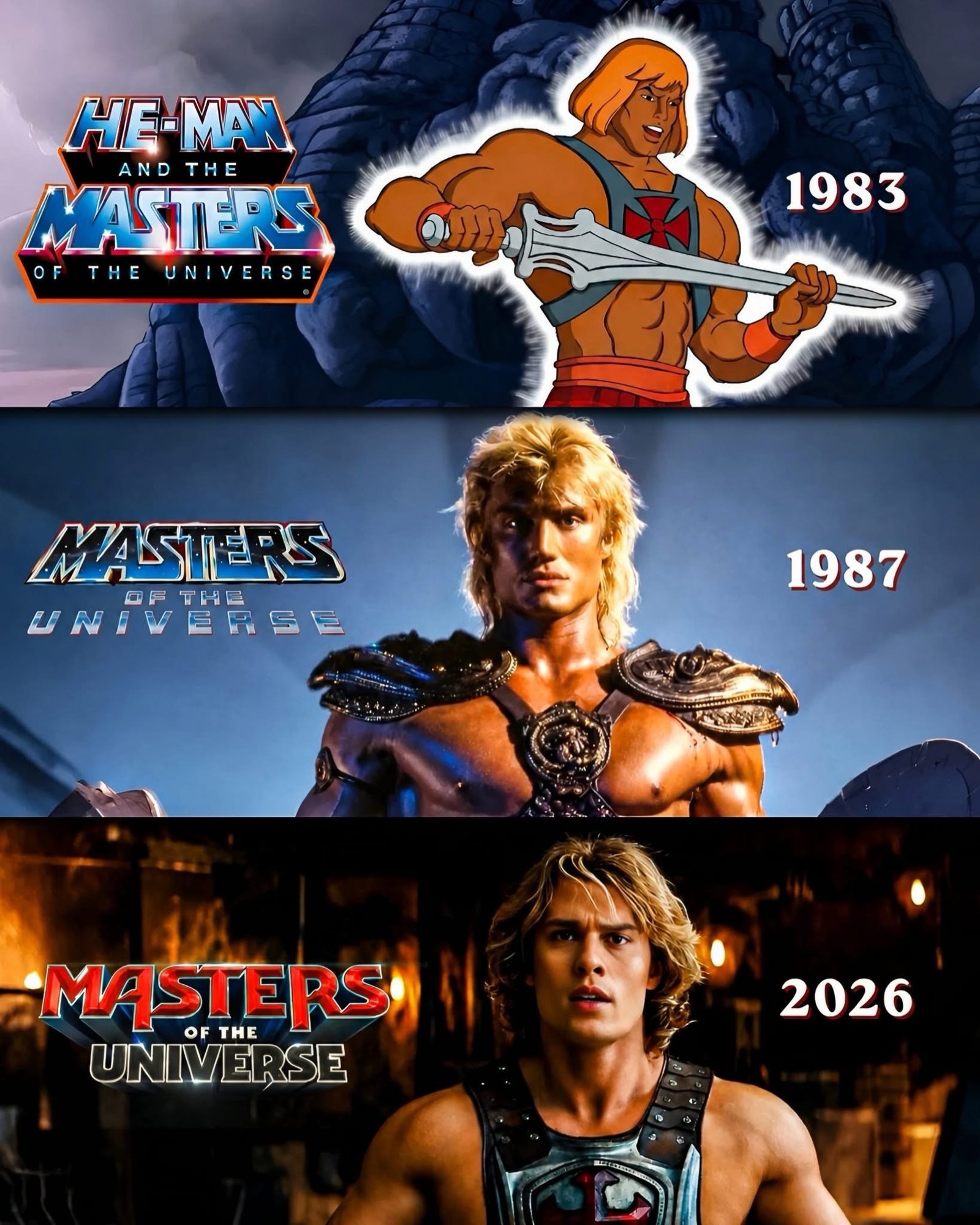 Photo by Universo 42 on June 07, 2026. May be an image of poster, costume and text that says 'HE-MAN MAN HE- ANDTHE THE AND MASTERS OFTHE THE HEUNIVERSE UNIVERSE R V / E 1983 MASTERS F THE UNIVERSE 2 1987 MASTERS TH THE OFT UNIVERSE 2026'.