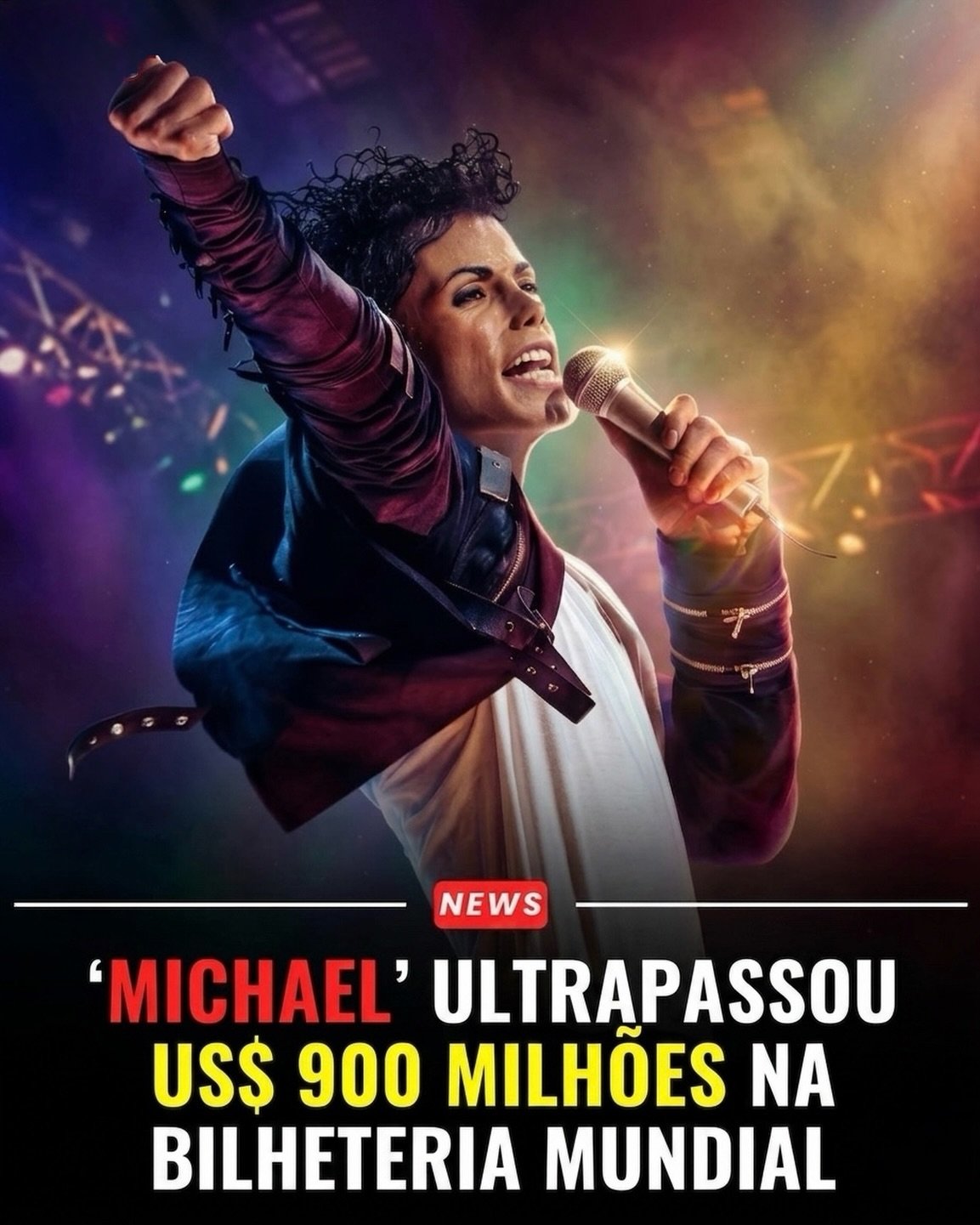 Photo by Universo 42 on June 08, 2026. May be an image of poster and text that says 'NEWS MICHAEL' ULTRAPASSOU US$ 900 MILHÕES NA BILHETERIA MUNDIAL'.