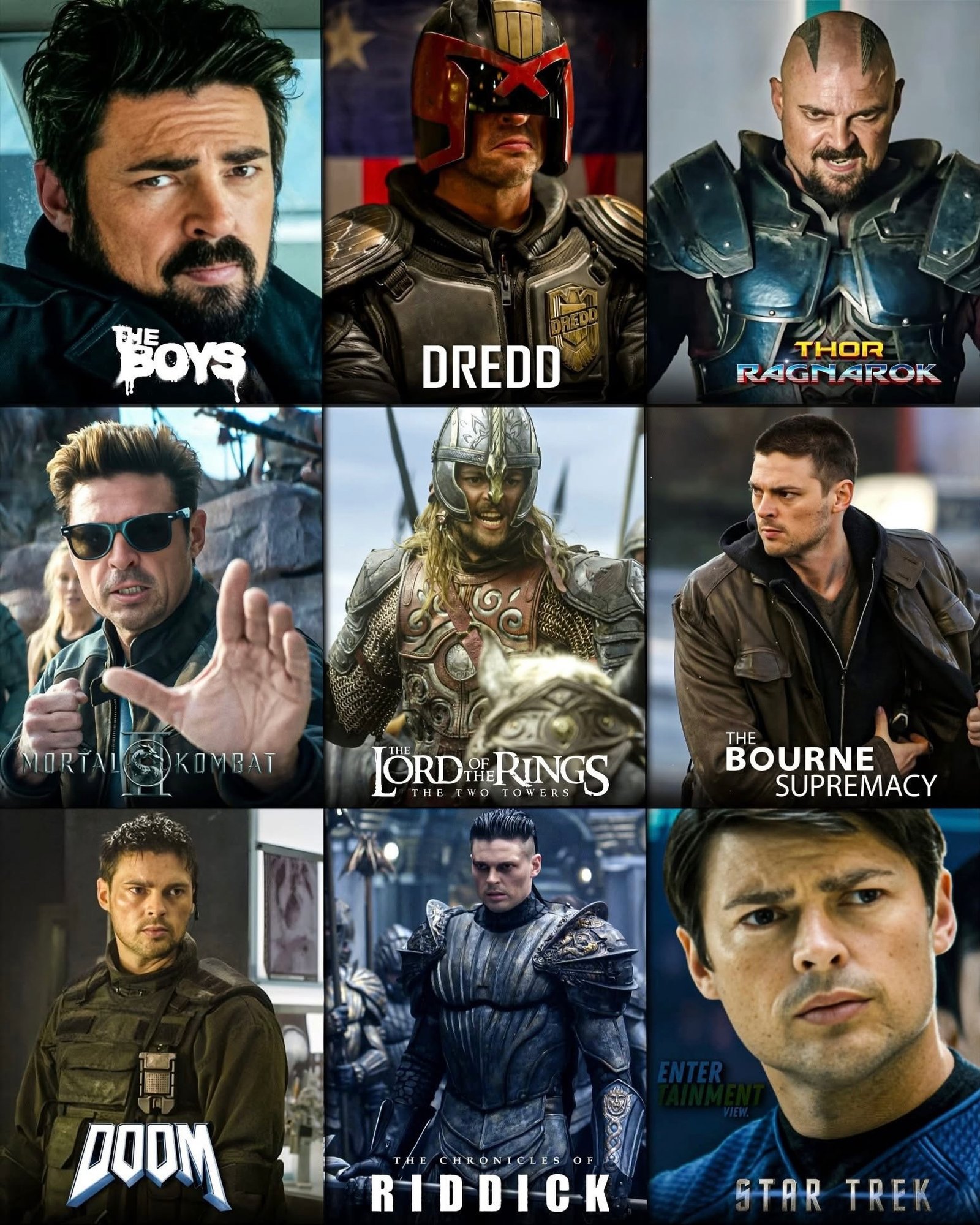 Photo by Universo 42 on June 08, 2026. May be an image of helmet, costume, poster and text that says 'PoYs DREDD THOR RAGMAROK MORTALCKOMBAT ORTALC KOMBAT TORD 使と RINGS LORDRINGS TOWERS OW τ% コロクシキ THE BOURNE SUPREMACY AOOM HRONICLES ၇ RIDDICK STARTREK TREK TAR'.