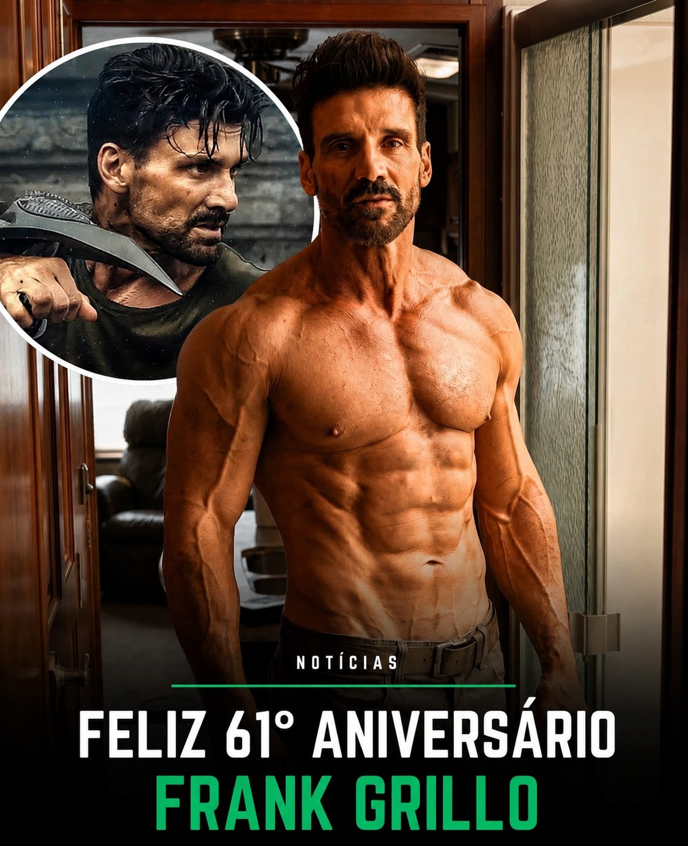 Photo by Universo 42 on June 08, 2026. May be an image of one or more people, biceps, people bodybuilding, poster and text that says 'NOTÍCIAS FELIZ 61° ANIVERSÁRIO FRANK GRILLO'.