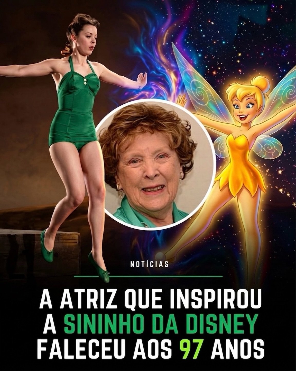 Photo by Universo 42 on June 12, 2026. May be a meme of poster and text that says 'NOTÍCIAS A ATRIZ QUE INSPIROU A SININHO DA DISNEY FALECEU AOS 97 ANOS'.