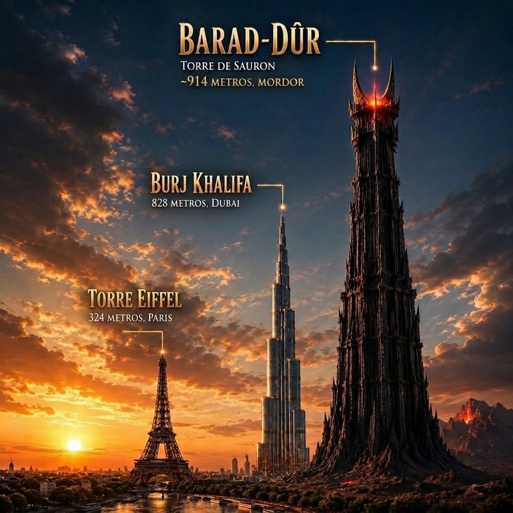 Photo by Universo 42 on June 12, 2026. May be an image of poster, La Sagrada Familia, tower and text that says 'BARAD-DÜR DÜR TORRE TORREDESAURON DE SAURON ~914 METROS, MORDOR BURJ BURJKHALIFA KHALIFA 828 METROS, Ει DUBAI 828METROS,DUBAI BAI TORREEIFFEL TORRE EIFFEL 324 METROS, 324METROS,PARIS PARIS