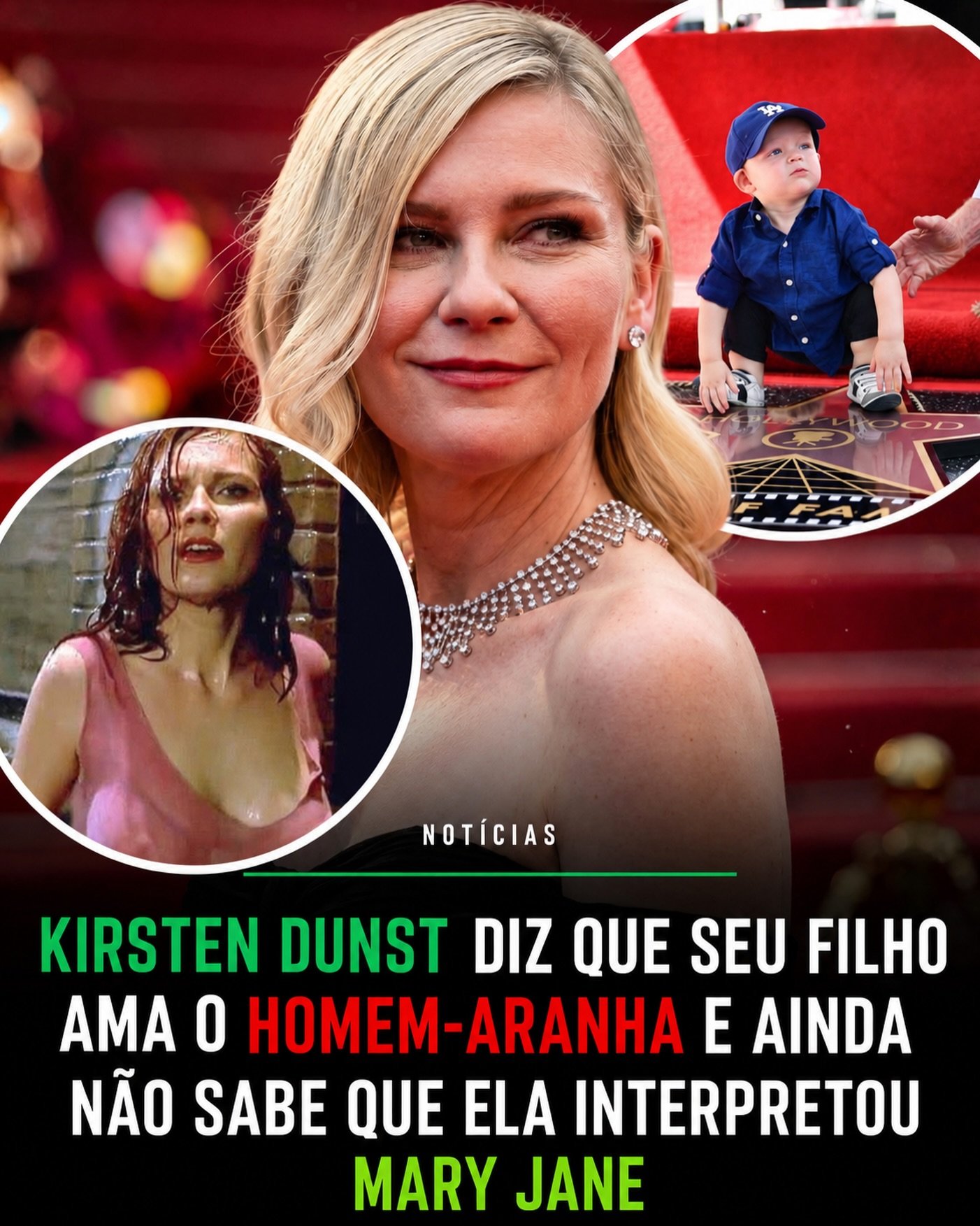 Photo by Universo 42 on June 13, 2026. May be a meme of one or more people and text that says '中 NOTÍCIAS KIRSTEN DUNST DIZ QUE SEU FILHO AMA O HOMEM-ARANHA ARANHA E AINDA NÃO SABE QUE ELA INTERPRETOU MARY JANE'.