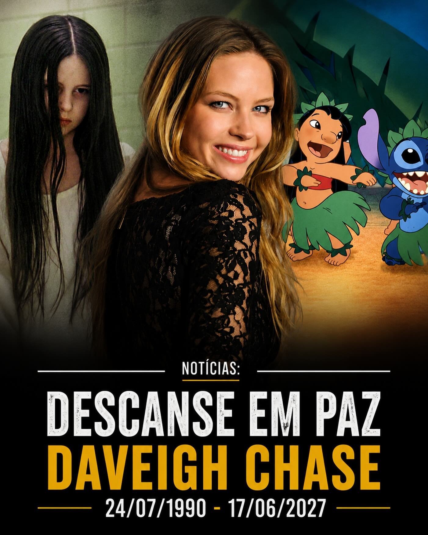 Photo by Universo 42 on June 17, 2026. May be a cartoon of poster and text that says 'NOTÍCIAS: DESCANSE EM PAZ DAVEIGH CHASE 24/07/1990 17/06/2027'.