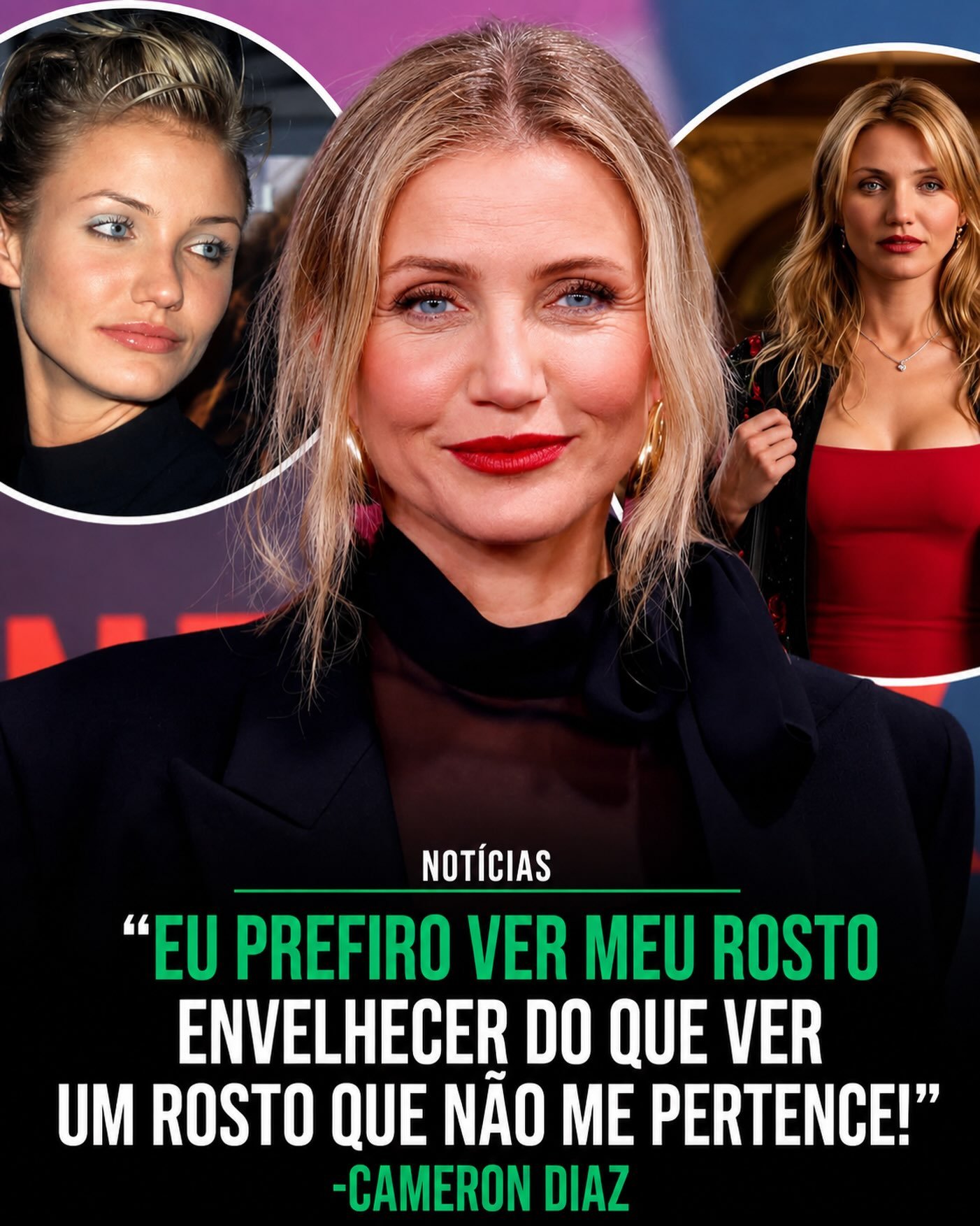 Photo shared by Universo 42 on July 05, 2026 tagging @eusouokhal. May be a meme of one or more people and text that says 'NOTÍCIAS "EU PREFIRO VER MEU ROSTO ENVELHECER DO QUE VER UM ROSTO QUE NÃO ME PERTENCE!" -CAMERON DIAZ'.
