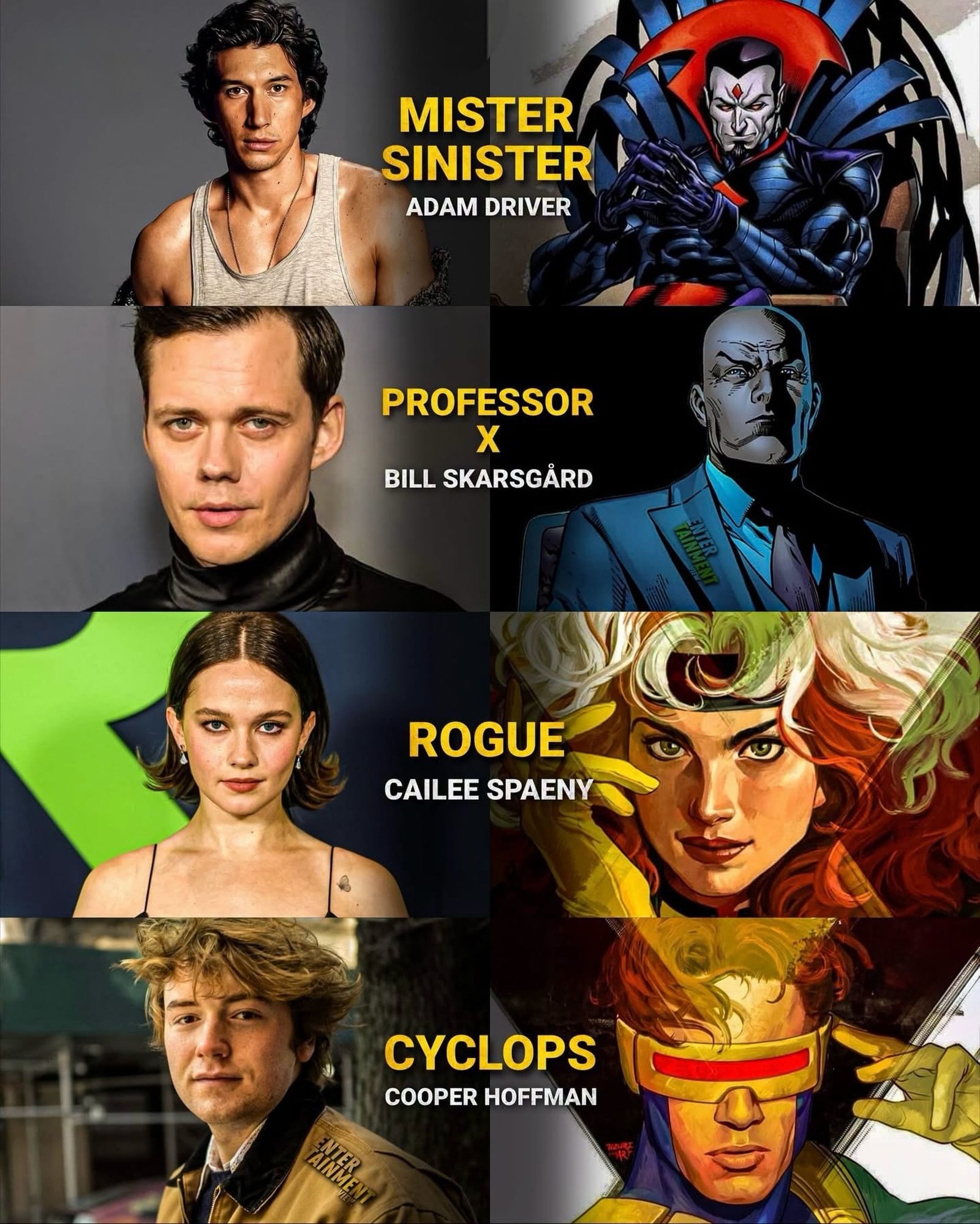 Photo shared by Carlos César Carvalho | KHAL on July 18, 2026 tagging @u42oficial. May be an image of vulture, Superman, poster, costume and text that says 'MISTER SINISTER ADAMDRIVER ADAM DRIVER PROFESSOR x BILL SKARSGÄRD ROGUE CAILEE CAILEESPAENY SPAENY CYCLOPS COOPER COOPERHOFFMAN HOFFMAN សីរងខ្ម
