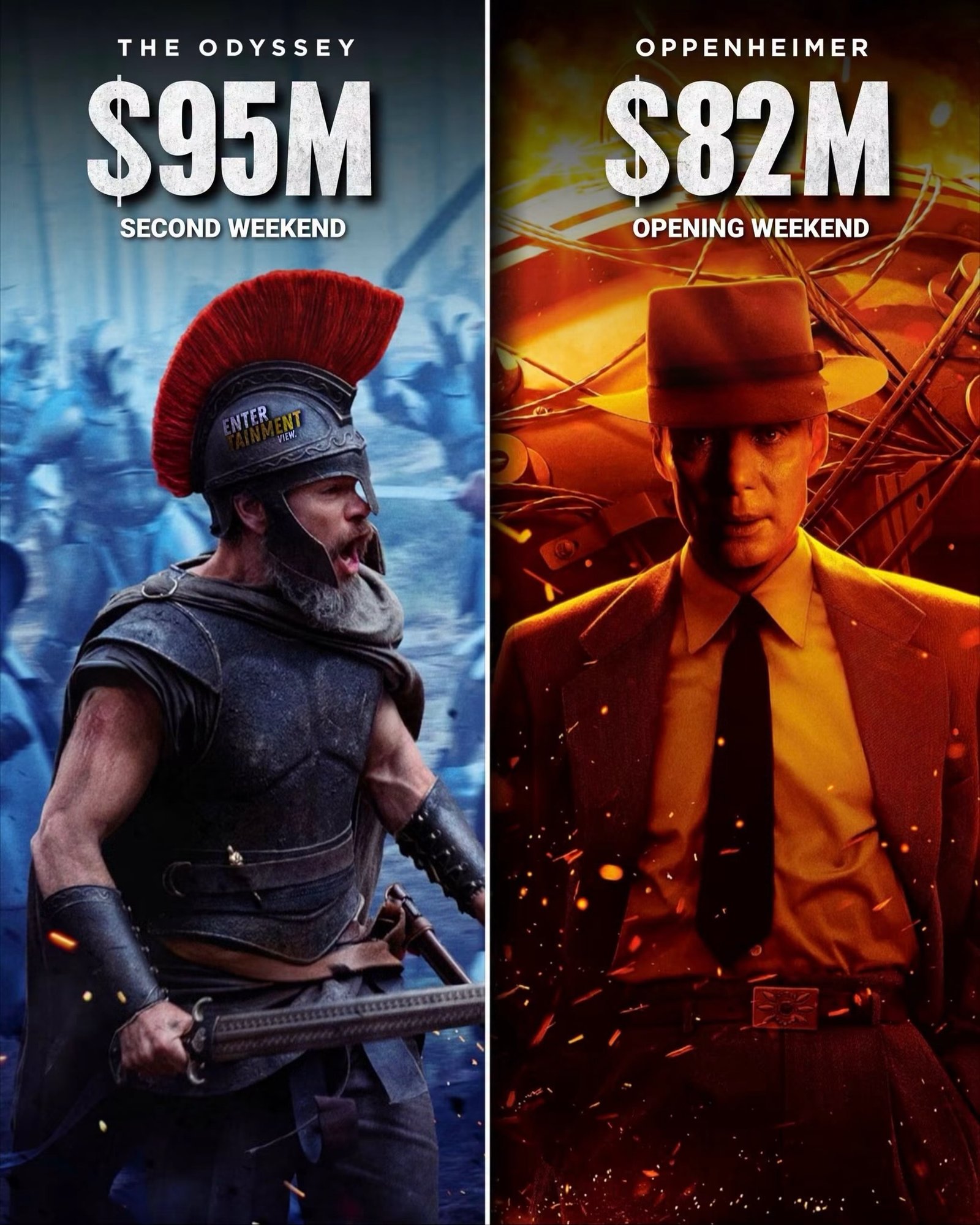 Photo by Universo 42 on July 25, 2026. May be a video game screenshot of poster and text that says 'THE ODYSSEY $95M SECOND WEEKEND OPPENHEIMER $82M OPENINGWEEKEND OPENING WEEKEND NTER'.