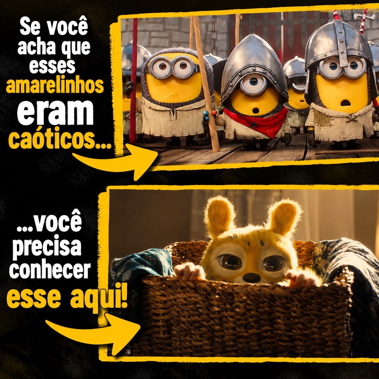 Photo shared by Universo 42 on July 22, 2026 tagging @paullasoave_. May be a meme of minions, poster and text that says 'ผนร Se você acha que esses amarelinhos eram caóticos... ν ...você precisa conhecer esse aqui!'.
