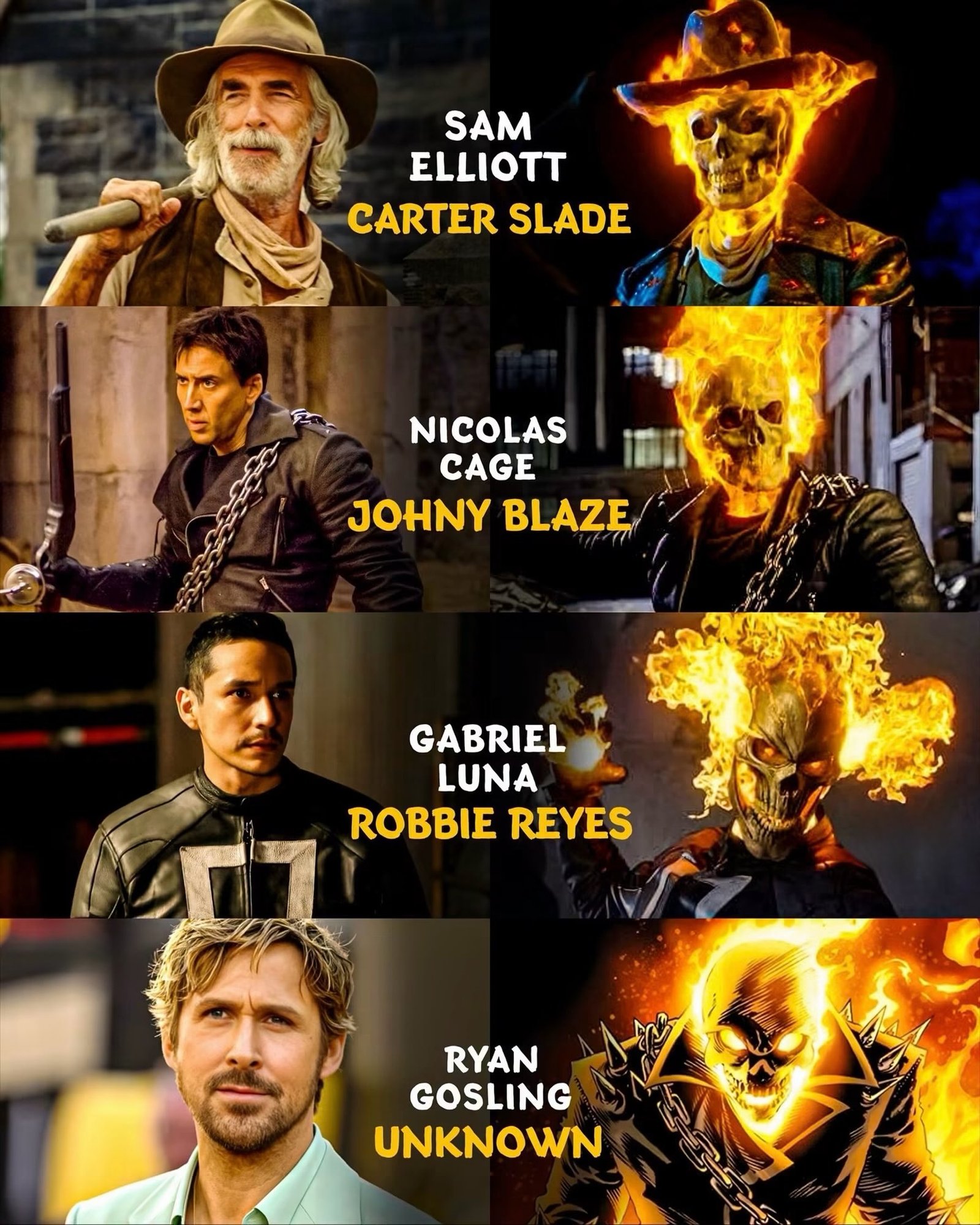 Photo by Universo 42 on July 29, 2026. May be an image of fire, costume, poster and text that says 'SAM ELLIOTT CARTER SLADE NICOLAS CAGE JOHNY BLAZE GABRIEL LUNA ROBBIE ROBBIEREYES REYES RYAN GOSLING UNKNOWN'.