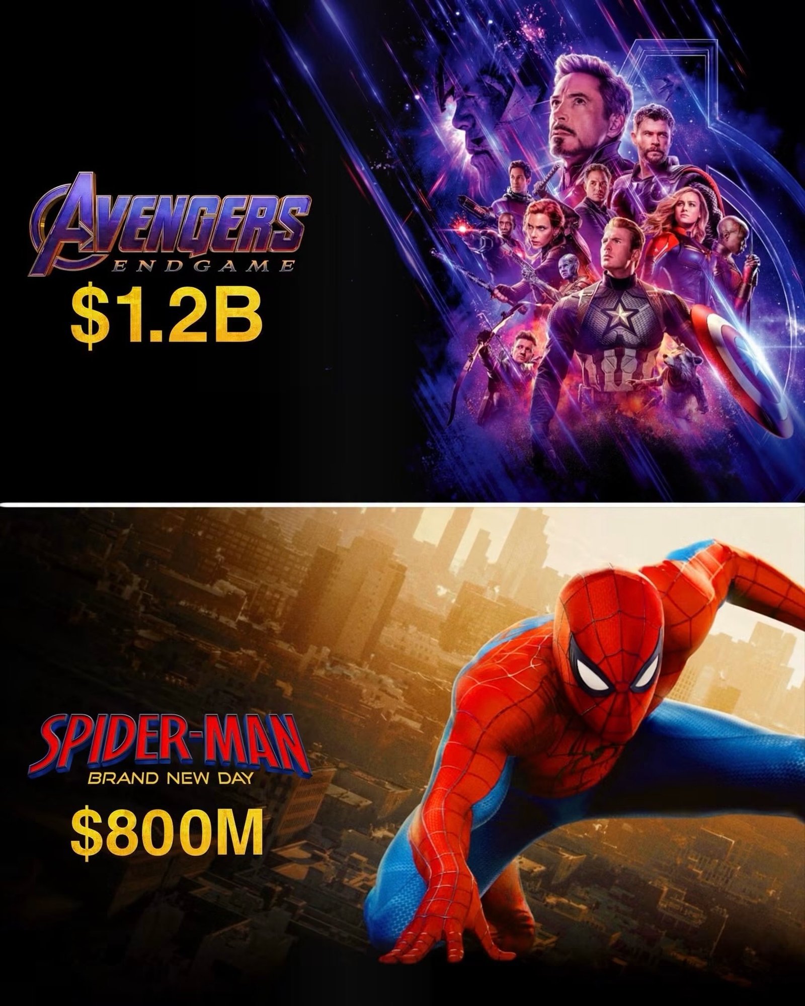 Photo by Universo 42 on July 30, 2026. May be an image of vulture, poster and text that says 'AVENPEDS ENDGAME $1.2B SPIDER MAN BRANDNEWDAY BRAND NEW DAY $800M'.