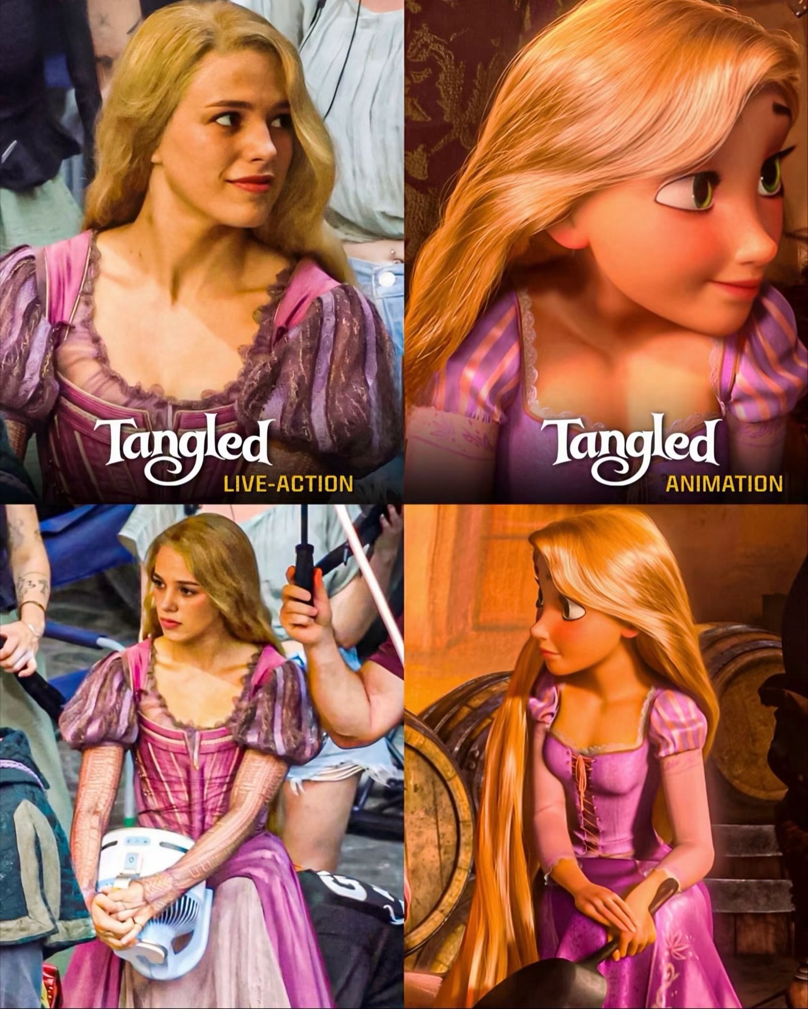 Photo by Universo 42 on August 01, 2026. May be a cartoon of costume and text that says 'Tangled LIVE-ACTION LIVE- Tangled ANIMATION'.