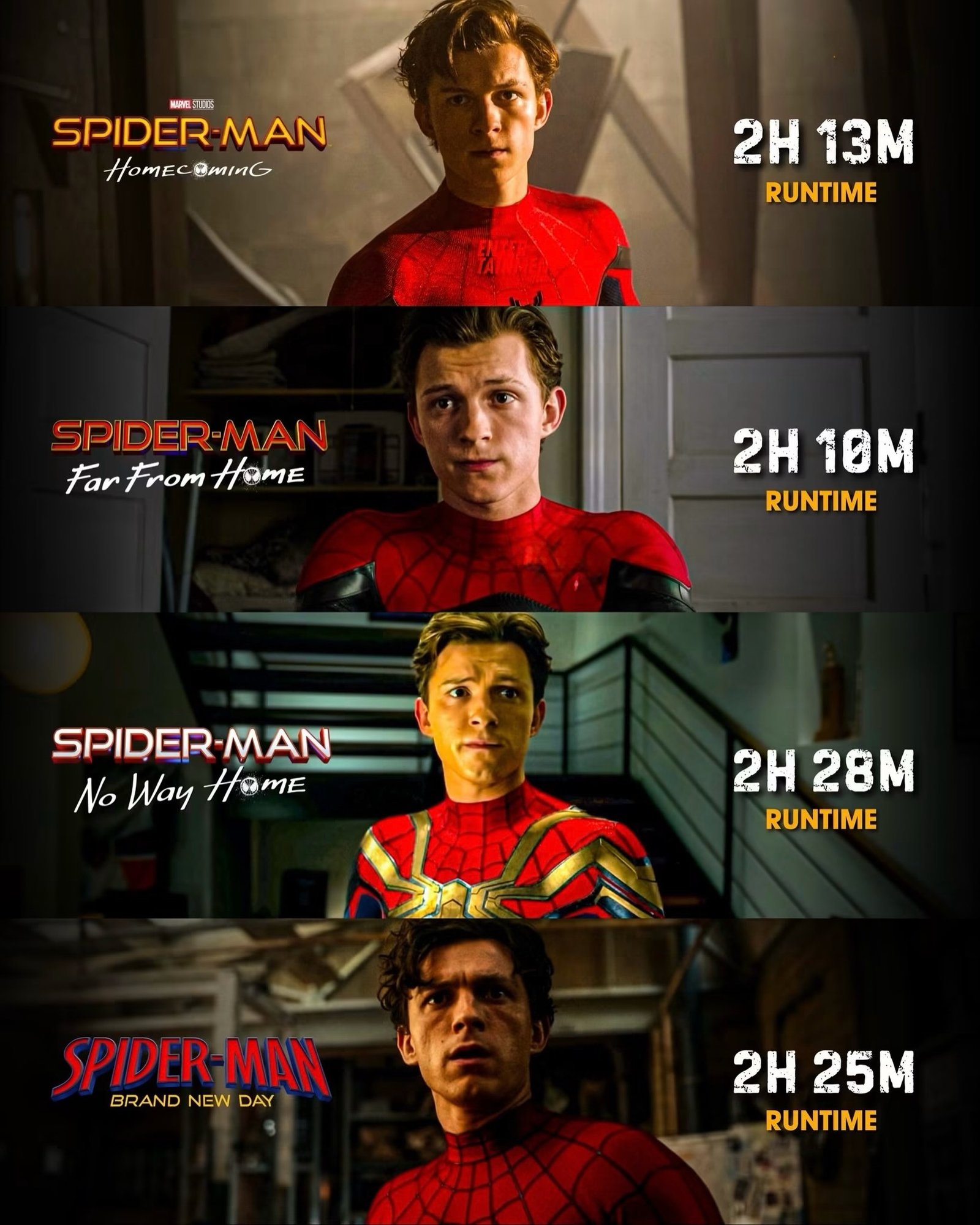 Photo by Universo 42 on August 01, 2026. May be an image of vulture, costume, poster and text that says 'AVL SPIDER-MAN 生風 圖名 SPIDER MAN HOMEC HOmECoMinG 8MInG 2H 2H13M 13M RUNTIME SPIDER-MAN SPIDER MAN Far FarFromHamE From HaME 2H 2H10M 10M RUNTIME SPIDER-MAN No Way NoWayHomE HOME 2H28M 2H 28M RUNT
