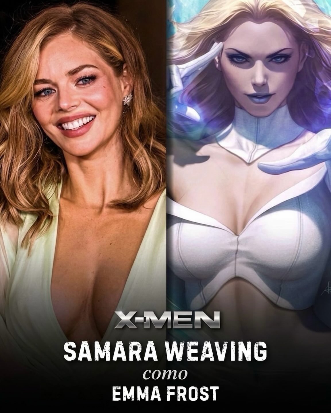 Photo by Universo 42 on August 01, 2026. May be an image of costume, poster and text that says 'YMEN SAMARA WEAVING como EMMA FROST'.