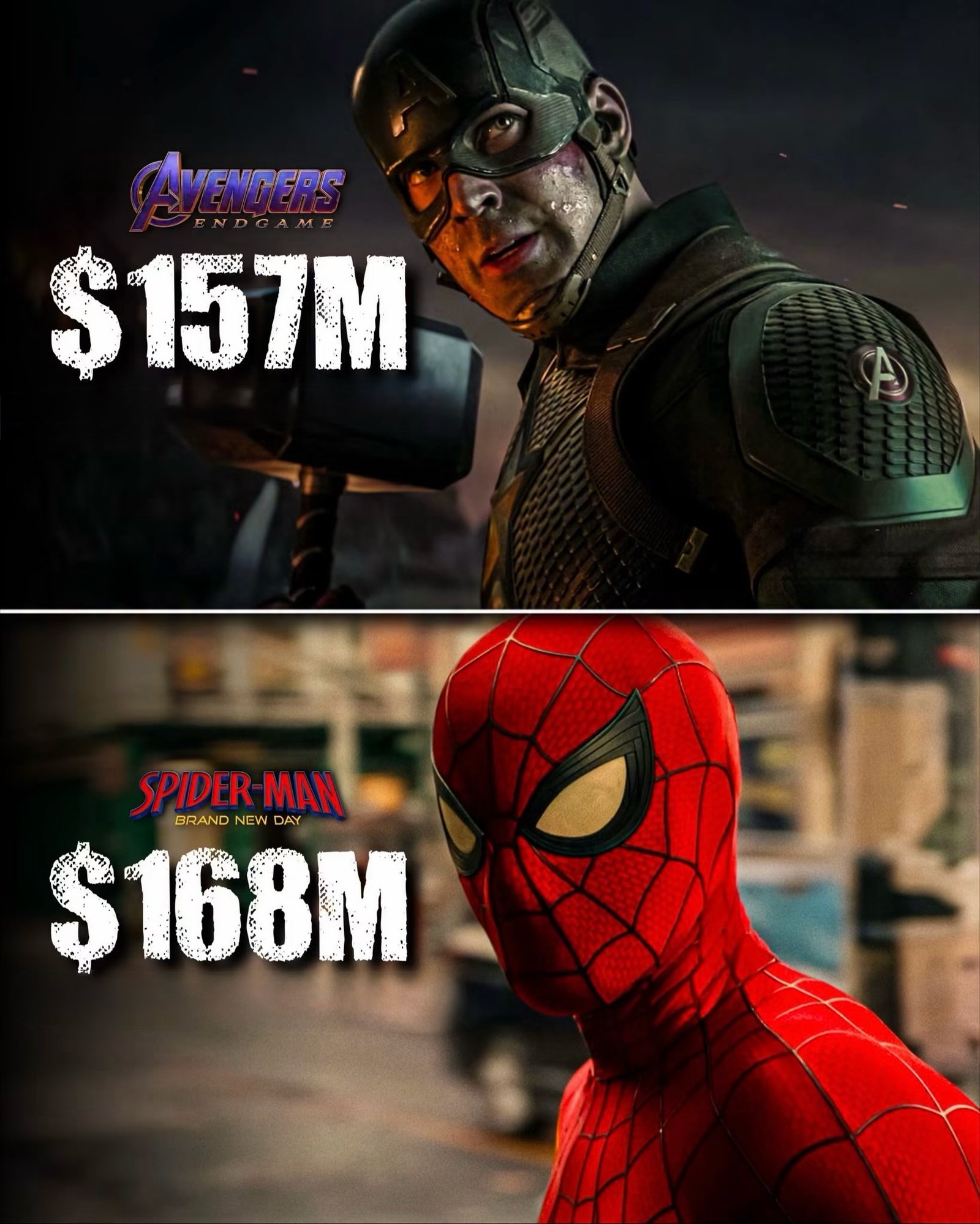 Photo by Universo 42 on August 02, 2026. May be an image of vulture, poster and text that says 'AVENGERS $157M SPIDER BRAND NEW MAN SPIDER-MAN ΣΗν DAY $168M'.