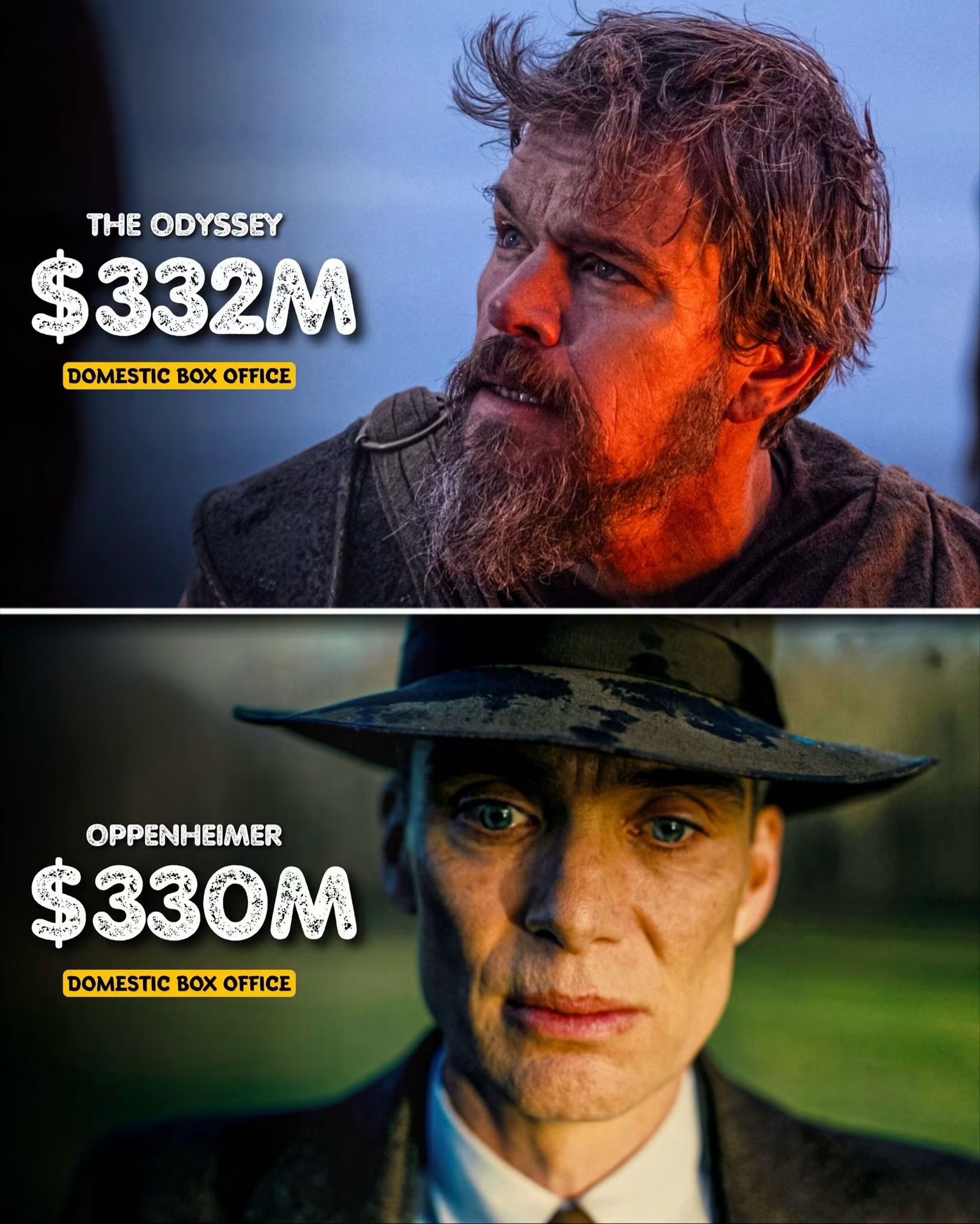 Photo by Universo 42 on August 02, 2026. May be an image of one or more people, poster and text that says 'THE ODYSSEY $332M DOMESTICBOXOFFICE DOMESTIC Ox OFFICE OPPENHEIMER $330M DOMESTIC BOX OFFICE'.