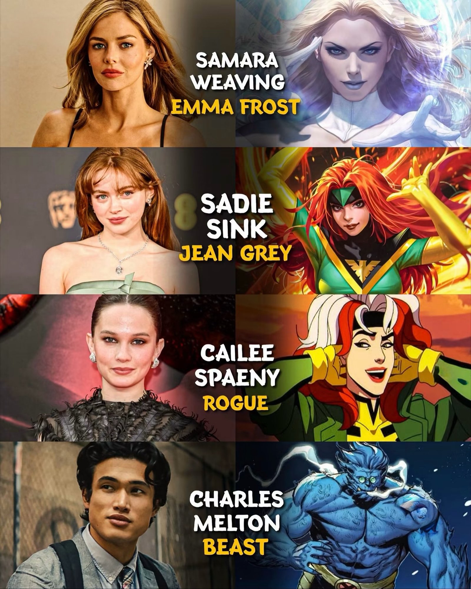 Photo by Universo 42 on August 03, 2026. May be an image of vulture, Superman, poster and text that says 'SAMARA WEAVING EMMA FROST SADIE SINK JEAN GREY CAILEE SPAENY ROGUE CHARLES MELTON'.