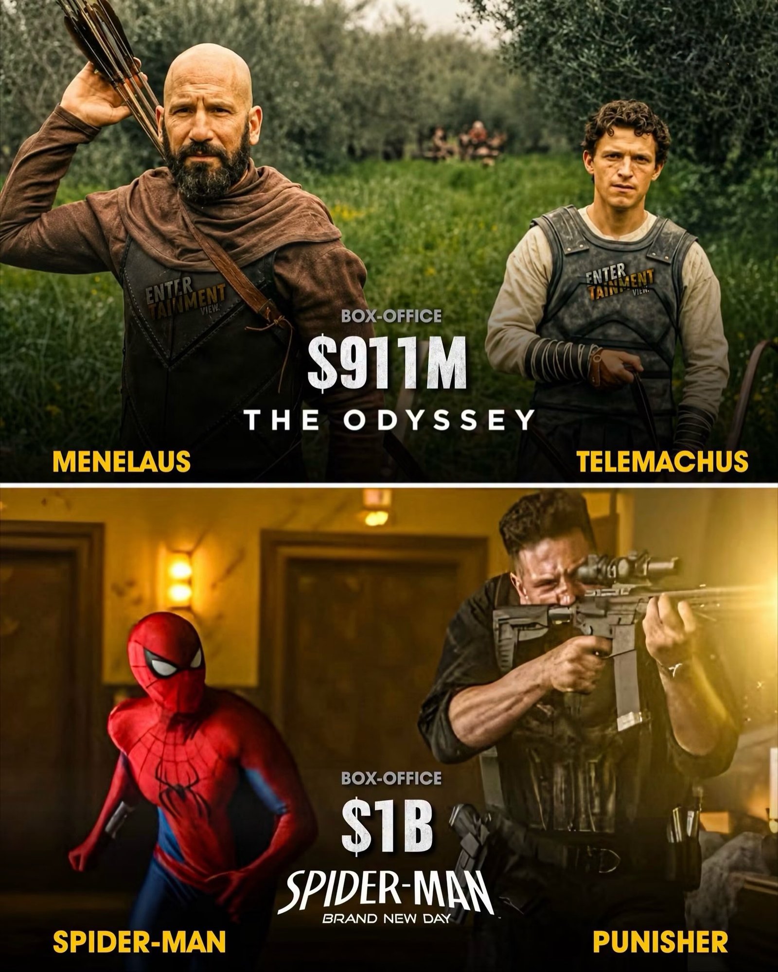 Photo by Universo 42 on August 06, 2026. May be an image of vulture, poster and text that says 'ENTER BOX- BOX-OFFICE $911M THE HEODYSSEY ODYSSEY MENELAUS TELEMACHUS ココニコロ BOX-OFFICE BOX- OFFICE $1B SPIDER-MAN MAN BRAND SPIDER NEW DAY SPIDER-MAN PUNISHER'.