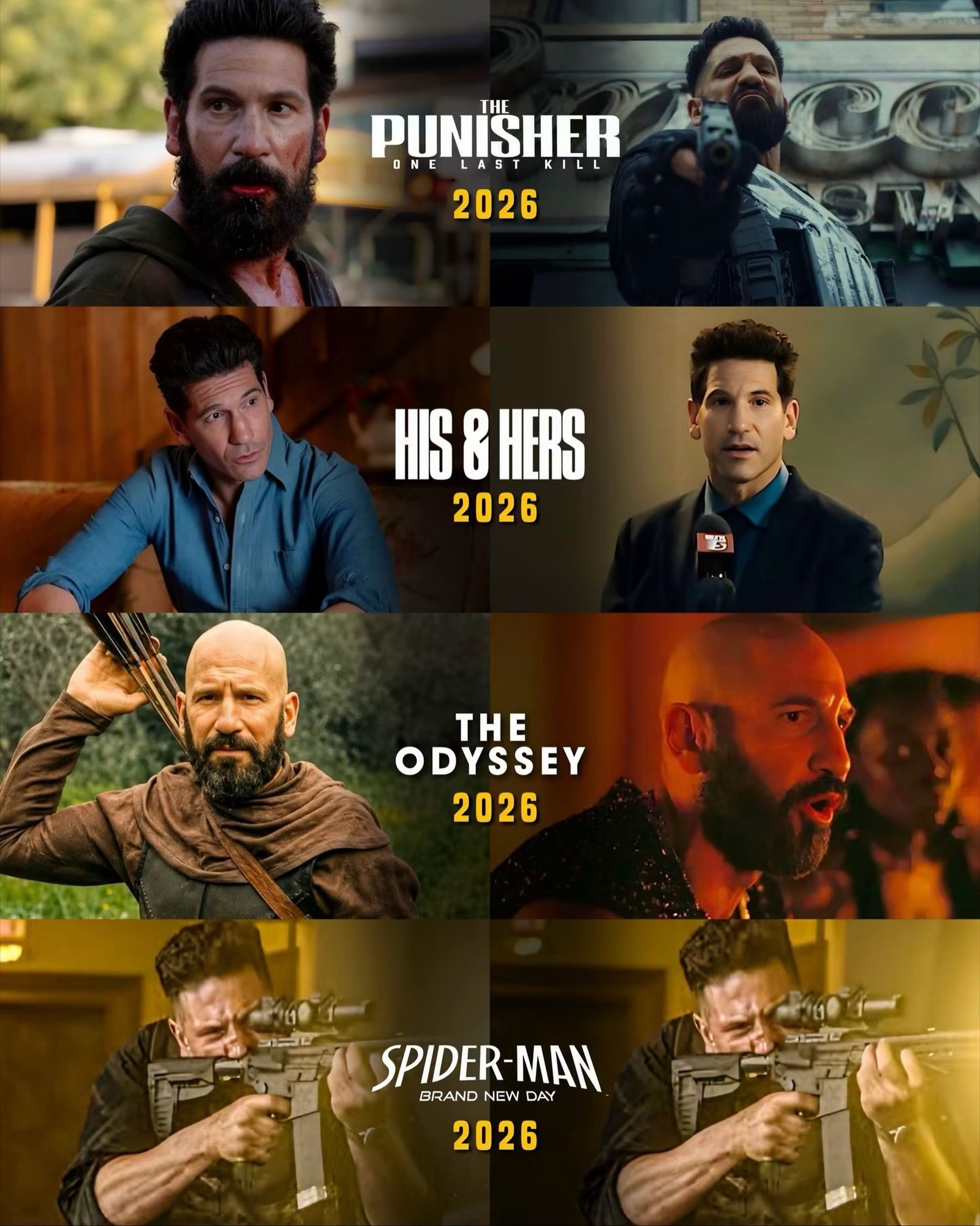 Photo by Universo 42 on August 07, 2026. May be an image of ‎vulture, poster and ‎text that says '‎THE PUNISHER ONE LAST KILL 2026 HIS 8 HISSHERS HERS 2026 号 THE ODYSSEY 2026 SIN0 کالدزد SPIDER-MAN R-MAN DAY BRANDNEWDAY BRAND NEW 2026‎'‎‎.