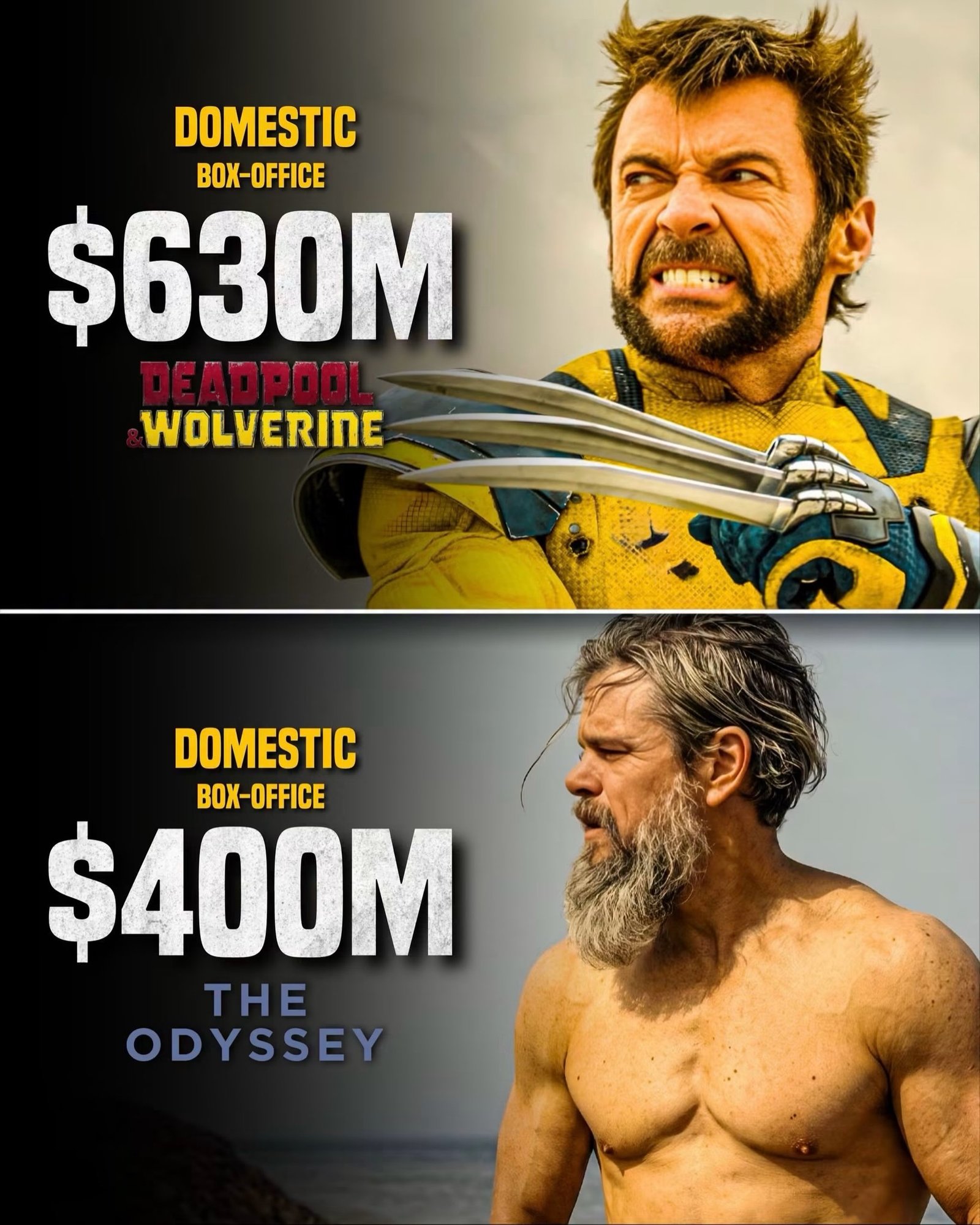 Photo by Universo 42 on August 08, 2026. May be an image of poster and text that says 'DOMESTIC BOX-OFFICE $630M nEAMBANI WOLVERINE DOMESTIC X- $400M THE ODYSSEY'.