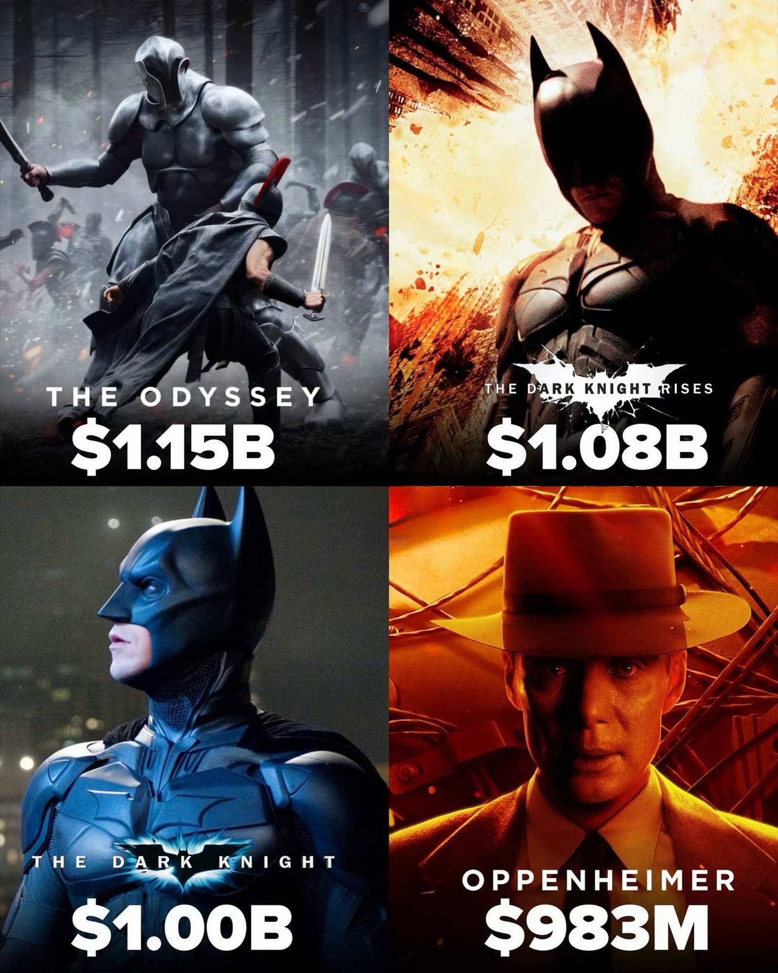 Photo by Universo 42 on August 13, 2026. May be an image of Superman, poster, costume and text that says 'THE ODYSSEY $1.15B THEDARKKNIGHTRISES 제방 ピし THE D-ARK KNIGHT RISES አ.ያ $1.08B THE DARKKNIGHT DARK KNIGHT $1.00B OPPENHEIMER $983M'.