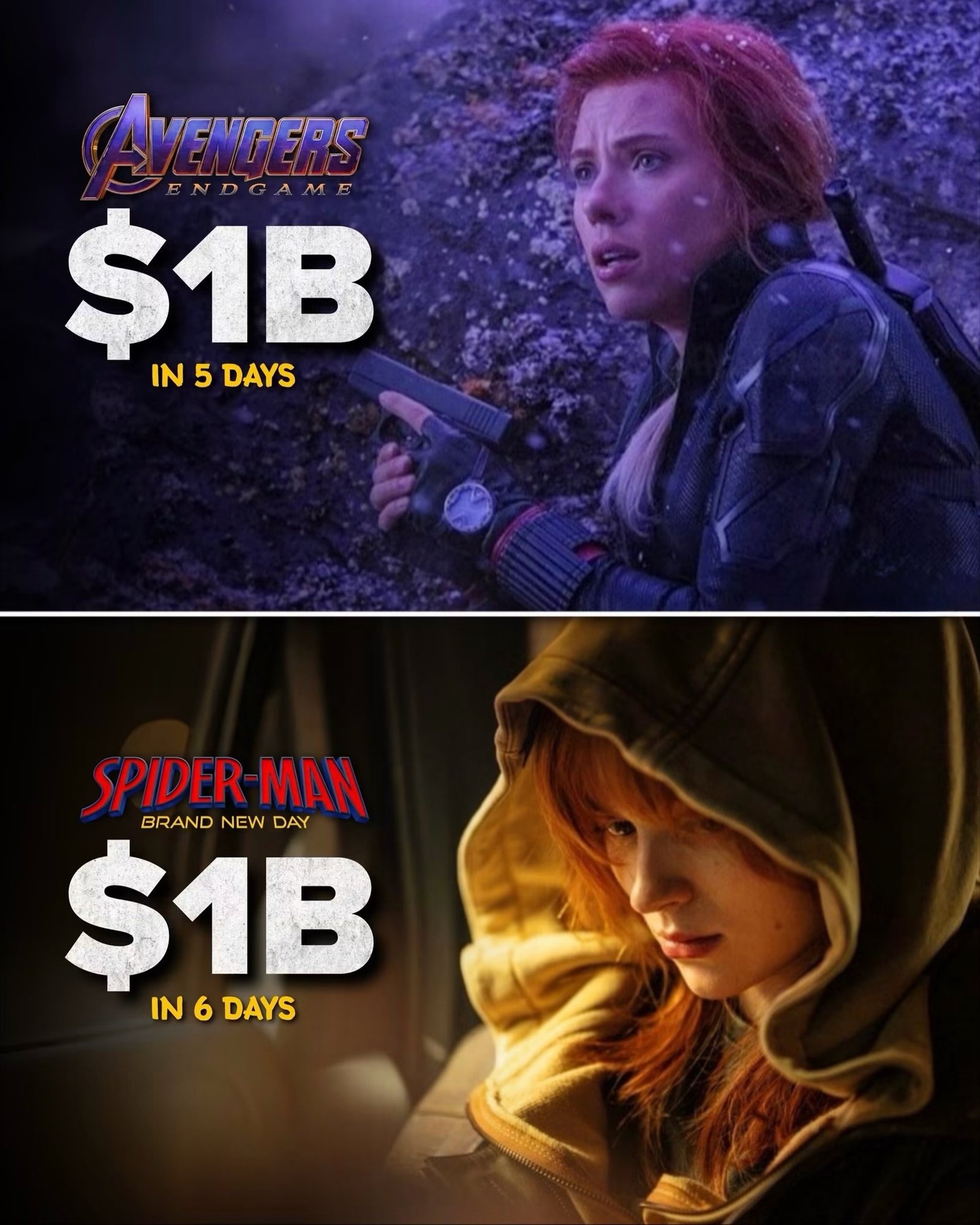 Photo by Universo 42 on August 15, 2026. May be an image of poster, costume and text that says 'AVENCERC ENDGAME $1B IN IN5DAYS 5 DAYS SPIDER MAN BRAND NEW BRANDNEWDAY DAY $1B IN IN6DAYS 6 DAYS'.