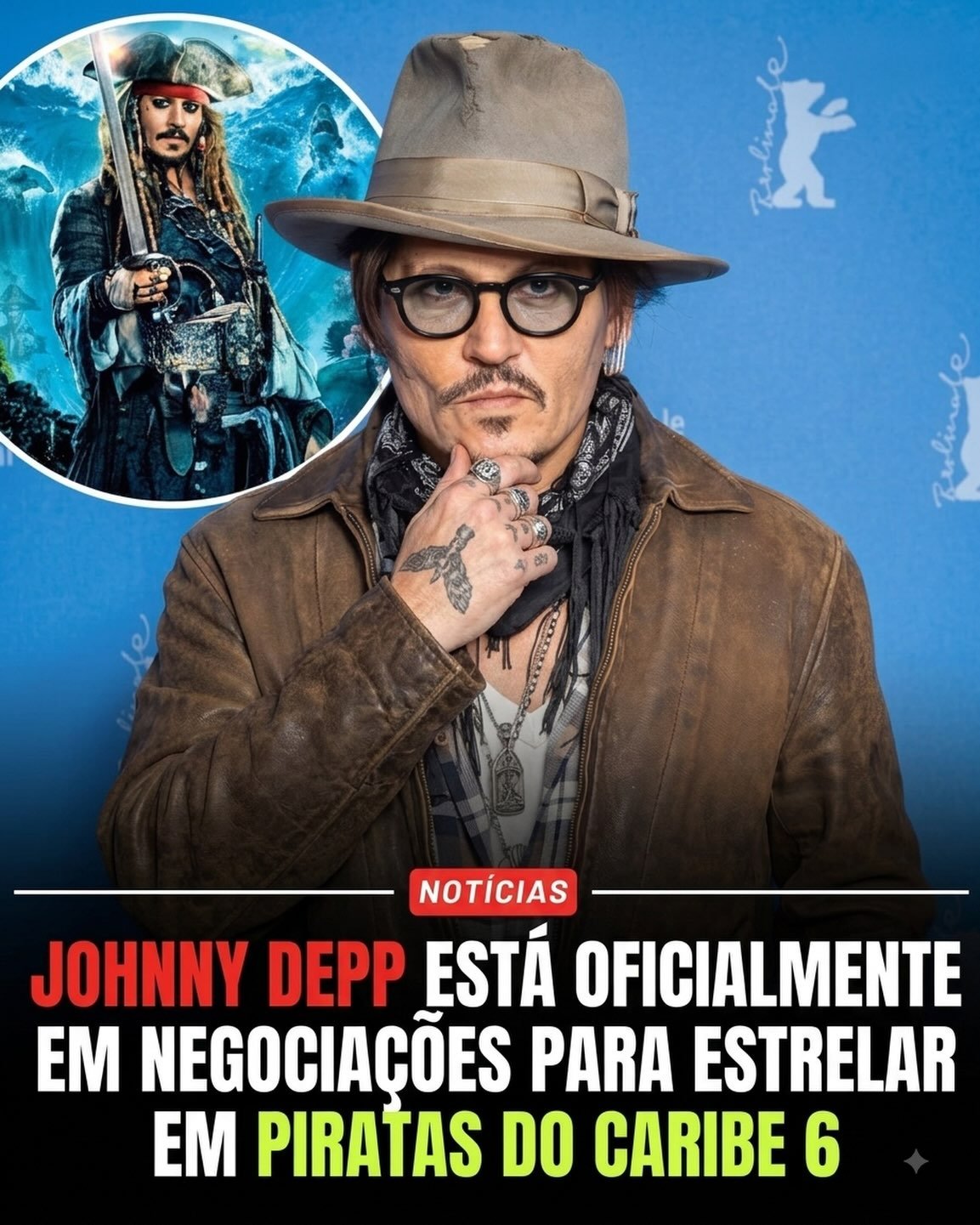 Photo shared by Universo 42 on August 16, 2026 tagging @eusouokhal. May be an image of text that says 'K 肉..の野 NOTÍCIAS JOHNNY DEPP ESTÁ OFICIALMENTE EM NEGOCIAÇÕES PARA ESTRELAR EM PIRATAS DO CARIBE 6'.