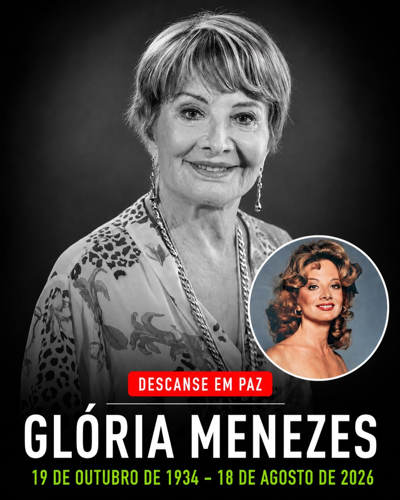 Photo by Universo 42 on August 18, 2026. May be an image of one or more people and text that says 'DESCANSE EM PAZ GLÓRIA MENEZES 19 DE OUTUBRO DE 1934 18 DE AGOSTO DE 2026'.