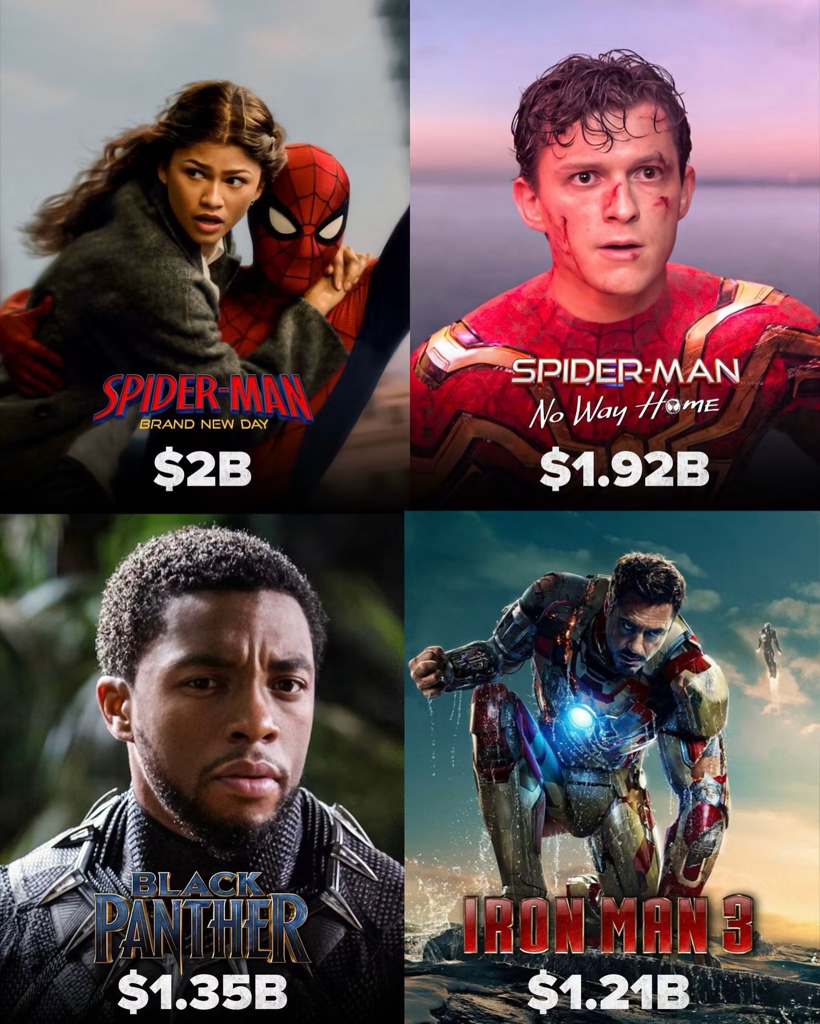 Photo by Universo 42 on August 23, 2026. May be an image of vulture, Superman, poster and text that says 'SPIDER-MAN SPIDER MAN BRAND NEW BRANDNEWDAY DAY DAY $2B SPIDER-MAN NoWayHomE No Way HOME $1.92B $1.35B 35B IRON IRONMAN3 MAN3 $1.21B'.