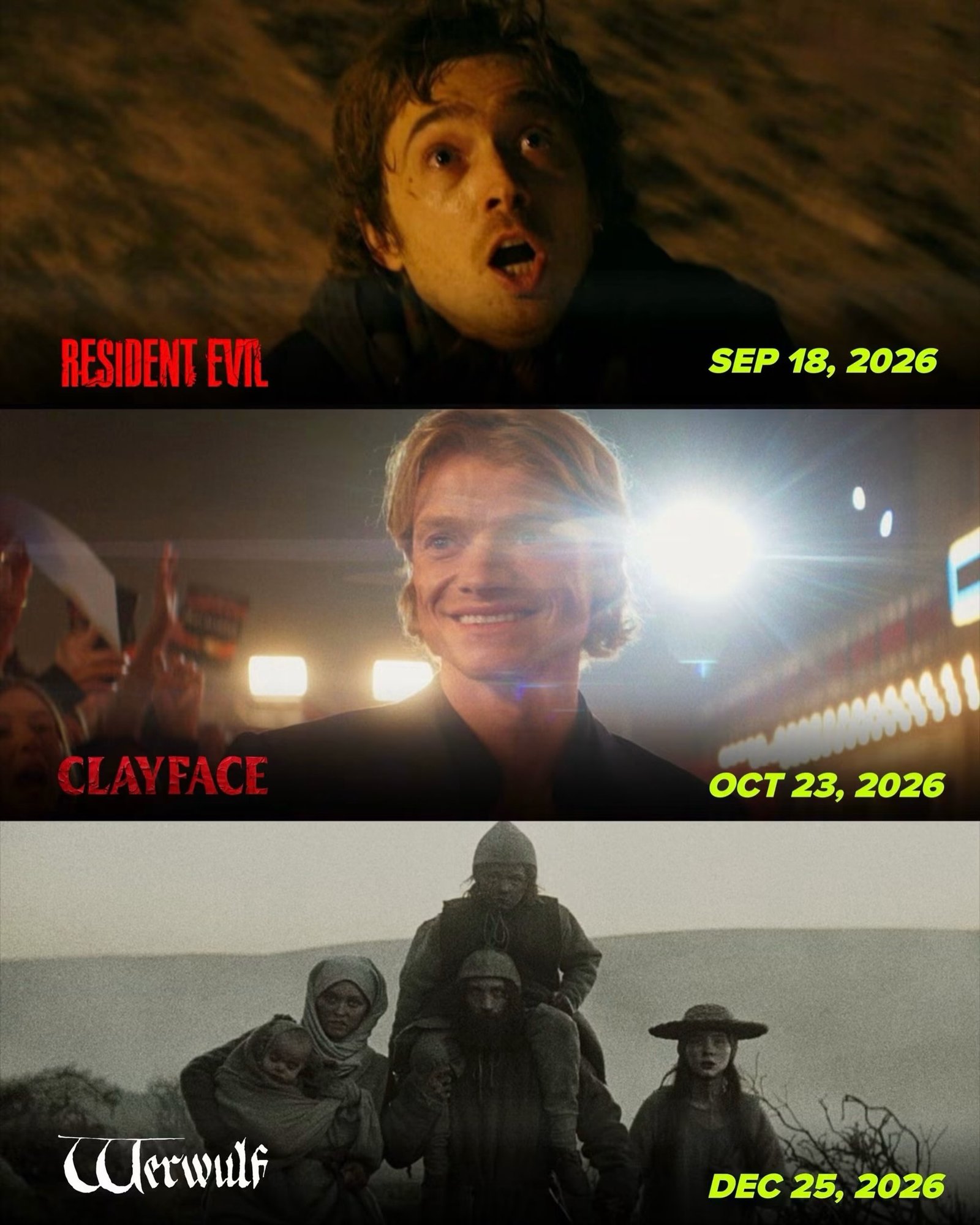 Photo by Universo 42 on August 23, 2026. May be a meme of poster and text that says 'RESIDENT EVTL SEP18, SEP 18, SEP18,2026 2026 CLAYFACE CL AYFACE OCT 23, OCT23,2026 2026 CUrrwulf DEC25, DEC 25, DEC25,2026 2026'.