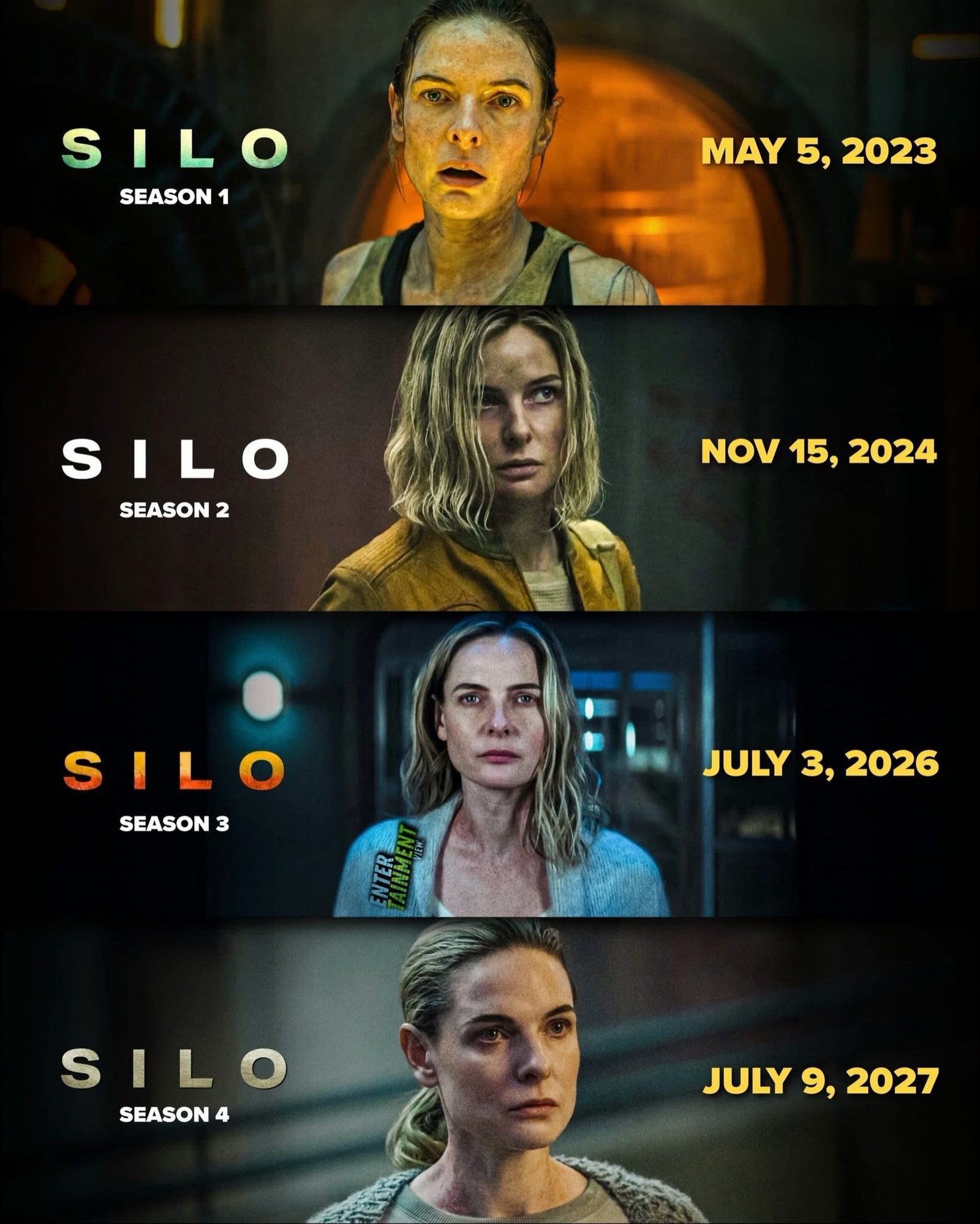 Photo by Universo 42 on September 07, 2026. May be an image of poster and text that says 'SILO SEASON 1 MAY MAY5,2023 5, 2023 SILO SEASON 2 NOV 15, NOV15,2024 2024 SILO SEASON 3 JULY 3, JULY3,2026 2026 연 SILO SEASON 4 JULY 9, JULY9,2027 2027'.