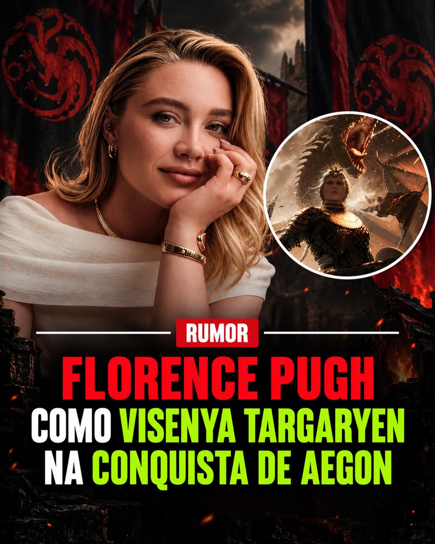 Photo shared by GOTBR - Game Of Thrones Brasil on September 11, 2026 tagging @eusouokhal, and @u42oficial. May be a meme of poster and text that says 'RUMOR FLORENCE PUGH COMO VISENYA TARGARYEN NA CONQUISTA DE AEGON'.