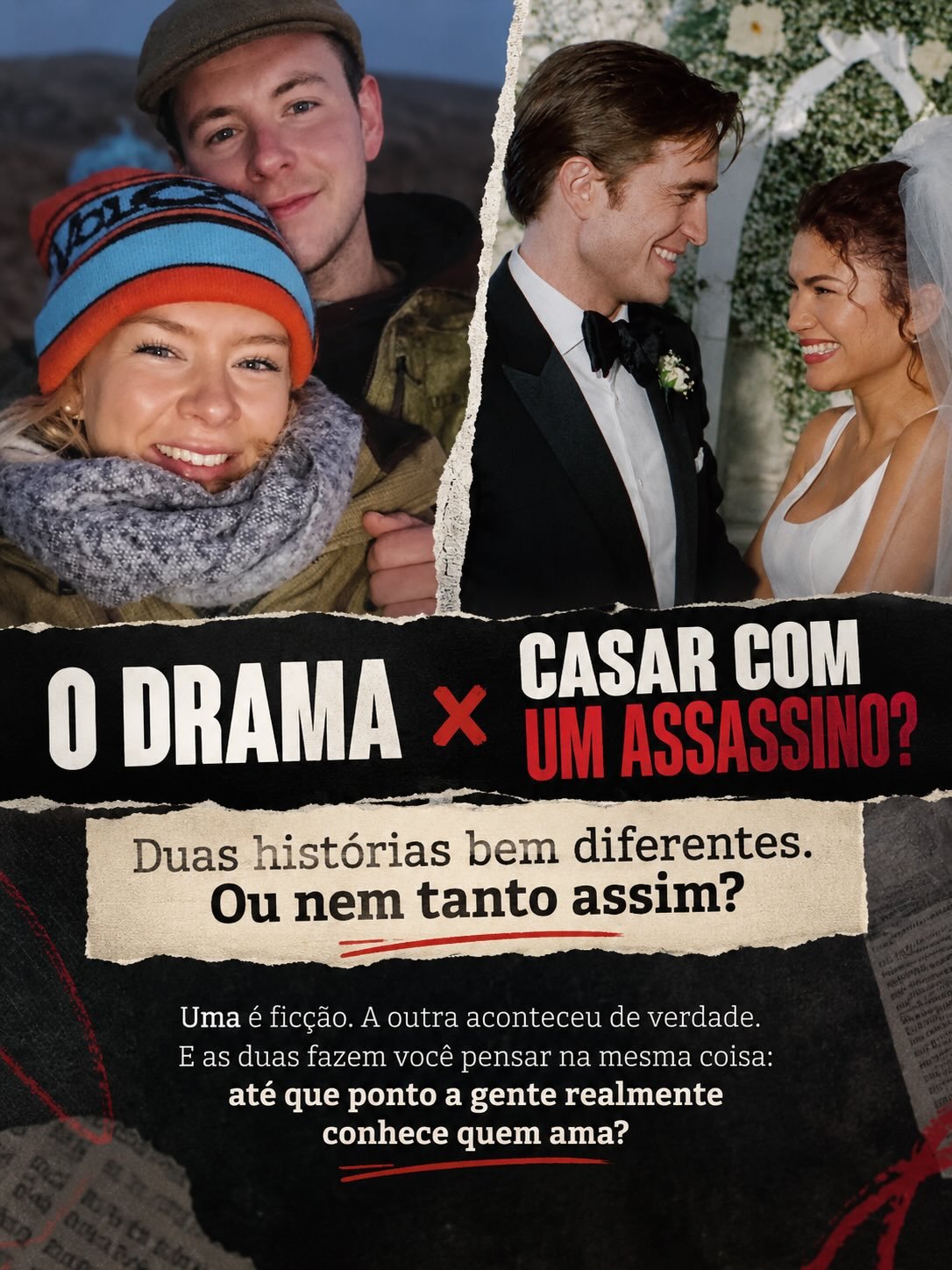 Photo shared by Paula Soave - WatchMojo Brasil?️? on September 13, 2026 tagging @u42oficial. May be a meme of one or more people, poster and text that says 'O DRAMA X CASAR COM ASSASSINO? ASSA ง Duas histórias bem diferentes. Ou nem tanto assim? Uma é ficção. A outra aconteceu de verdade. E as dua
