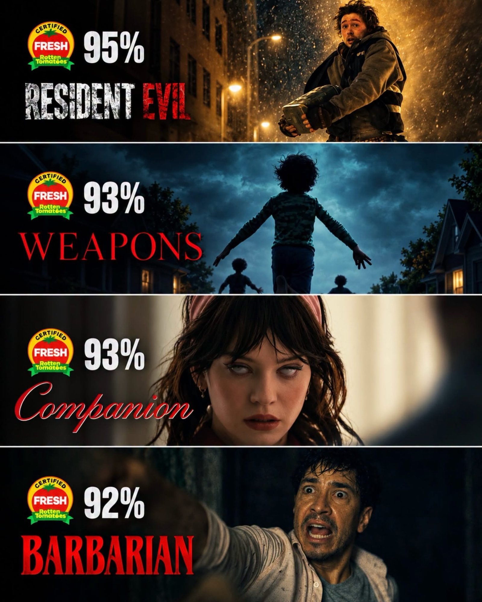 ? Zach Cregger está vivendo uma fase absurda no terror!

Seus últimos quatro projetos estão todos acima dos 90% no Rotten Tomatoes:

? Resident Evil: 95%
? Acompanhante Perfeita: 93%
? A Hora do Mal: 93%
?️ Noites Brutais: 92%

Noites Brutais colocou Cregger entre os nomes mais interessantes do