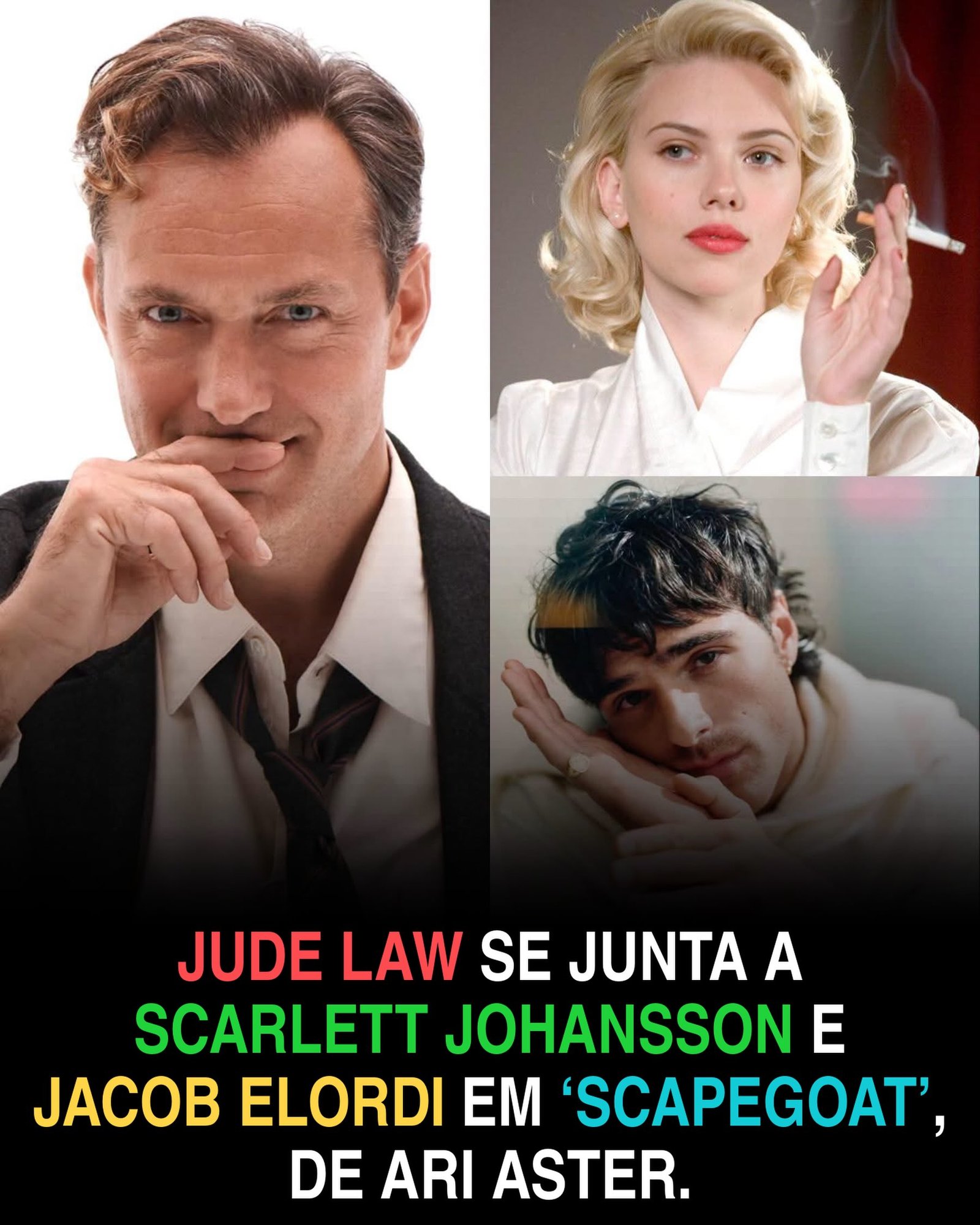 ?? Jude Law pode se juntar a Scarlett Johansson e Jacob Elordi no novo filme de Ari Aster!

Segundo o Deadline, o ator está em negociações para integrar o elenco de Scapegoat, novo thriller da A24, escrito e dirigido por Ari Aster, de Hereditário, Midsommar: O Mal Não Espera a Noite e Beau Tem Med