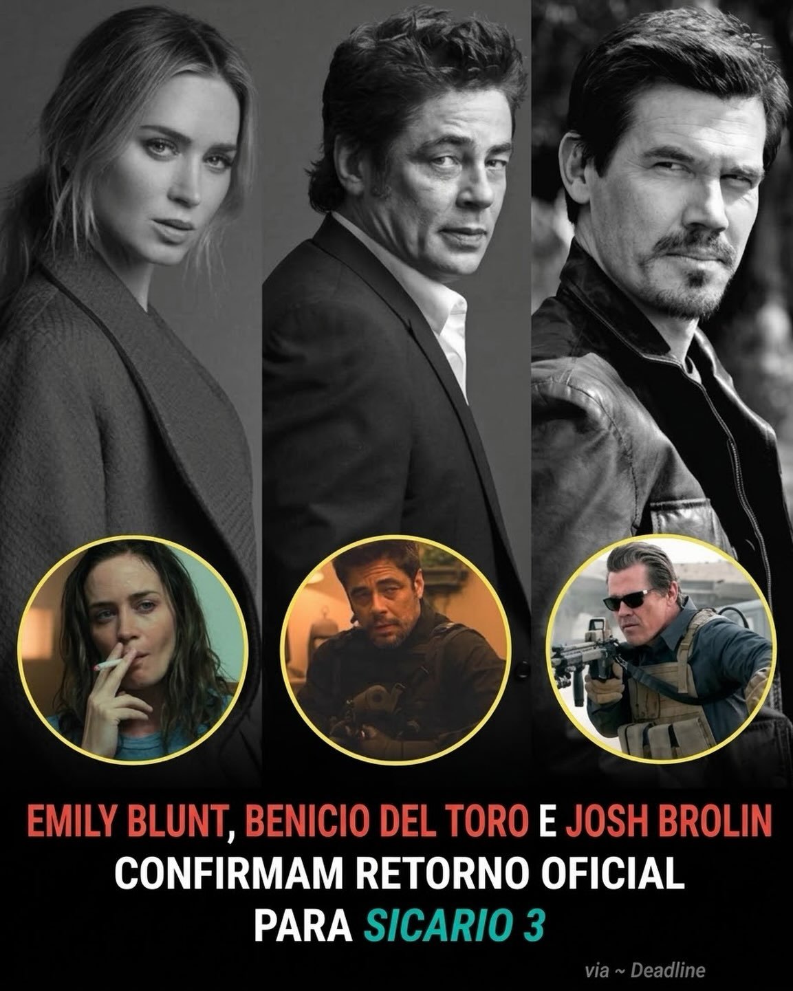 ? Sicario 3 está oficialmente saindo do papel!

Emily Blunt, Benicio Del Toro e Josh Brolin estão confirmados de volta para o terceiro filme da franquia, que terá Padraic McKinley na direção e roteiro de Steven Knight, criador de Peaky Blinders.

As filmagens estão previstas para começar no início