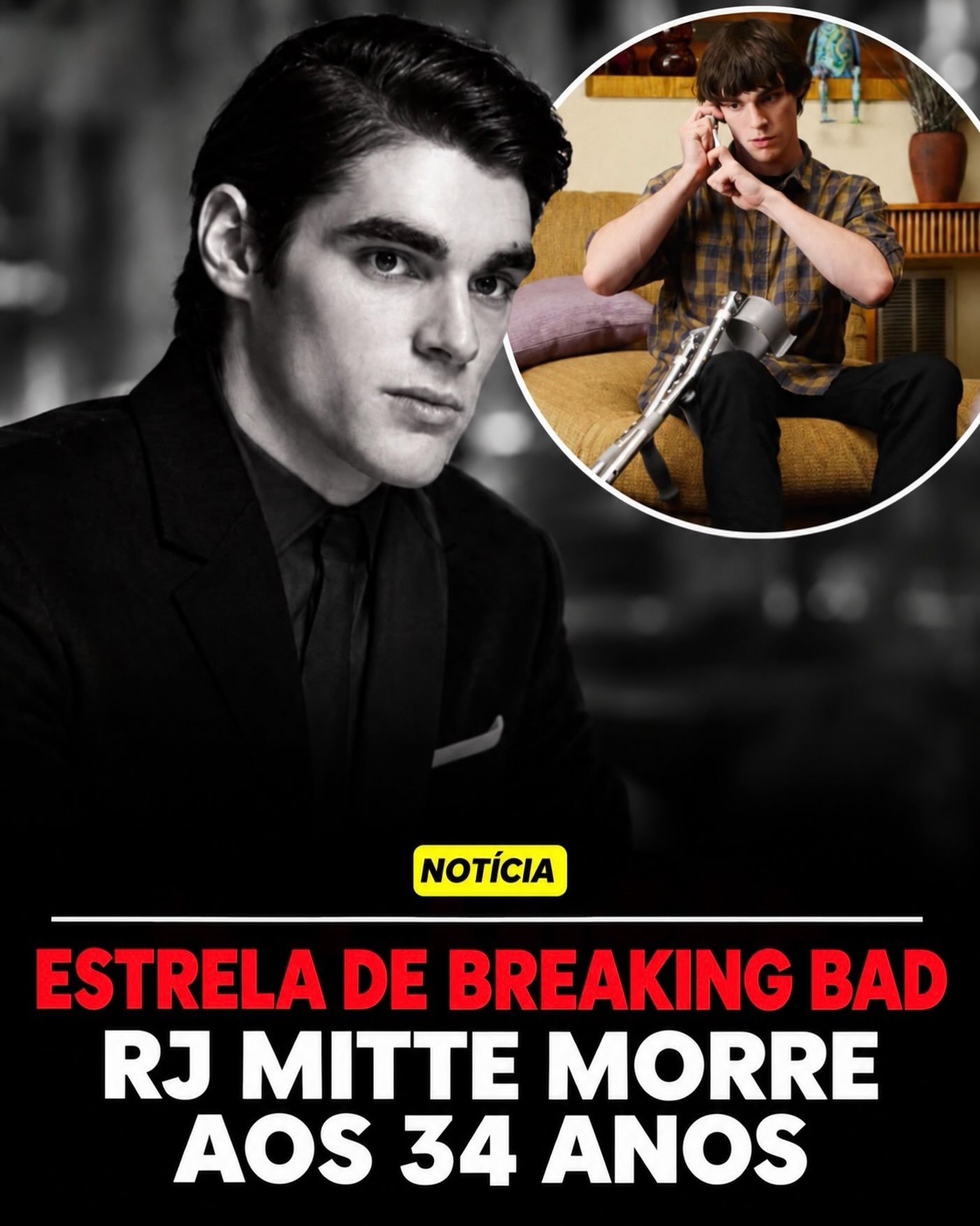 ? Morreu RJ Mitte, ator conhecido por interpretar Walter White Jr. em Breaking Bad, aos 34 anos.

A morte aconteceu nesta segunda-feira, 12 de outubro, no Texas, e foi confirmada por representantes do ator.

Segundo o TMZ, há suspeita de suicídio, mas a causa da morte ainda não foi oficialmente con