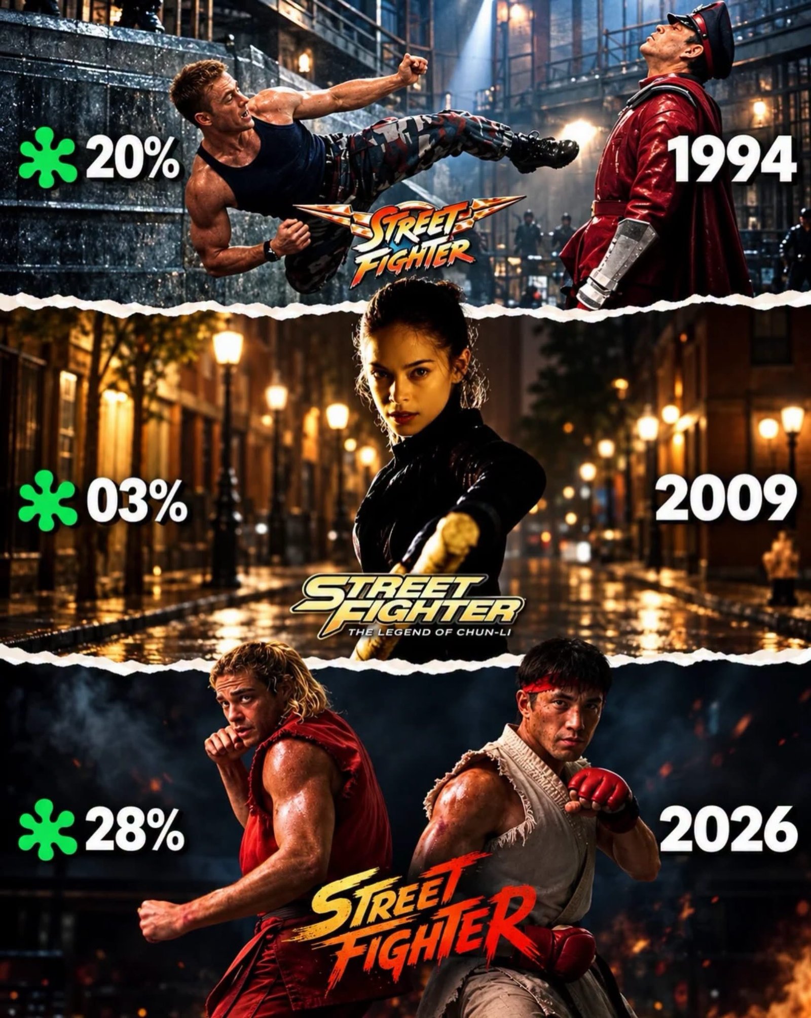 ? Street Fighter já ganhou três adaptações para o cinema, mas nenhuma conseguiu conquistar a crítica!

A franquia de jogos de luta da Capcom tem um histórico complicado nas telonas, e as avaliações no Rotten Tomatoes mostram isso:

? Street Fighter: A Última Batalha (1994): 20%
? Street Fighter: