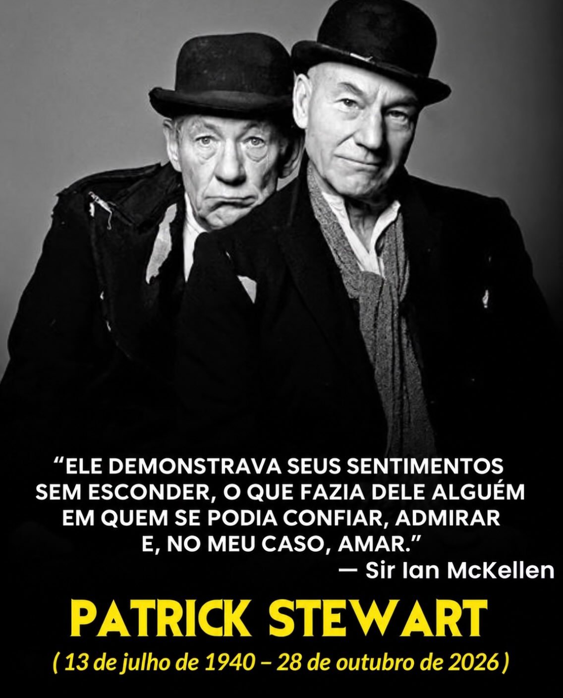 ? Ian McKellen prestou uma emocionante homenagem a Patrick Stewart, que faleceu aos 86 anos.

Amigos há mais de cinco décadas, os atores ficaram conhecidos mundialmente por interpretarem Magneto e Professor Xavier nos filmes dos X-Men, mas a relação entre eles começou muito antes da franquia.

Em s